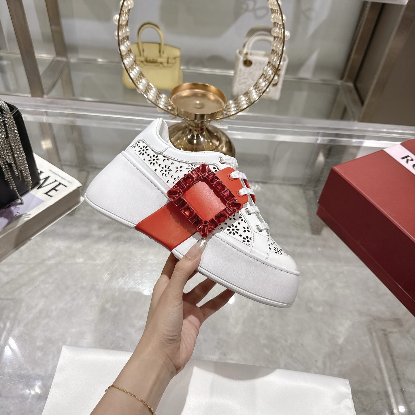 RV-Inspired White Leather Sneakers with Crystal Buckle and Platform Sole 1 RV-Inspired White Leather Sneakers with Crystal Buckle and Platform Sole