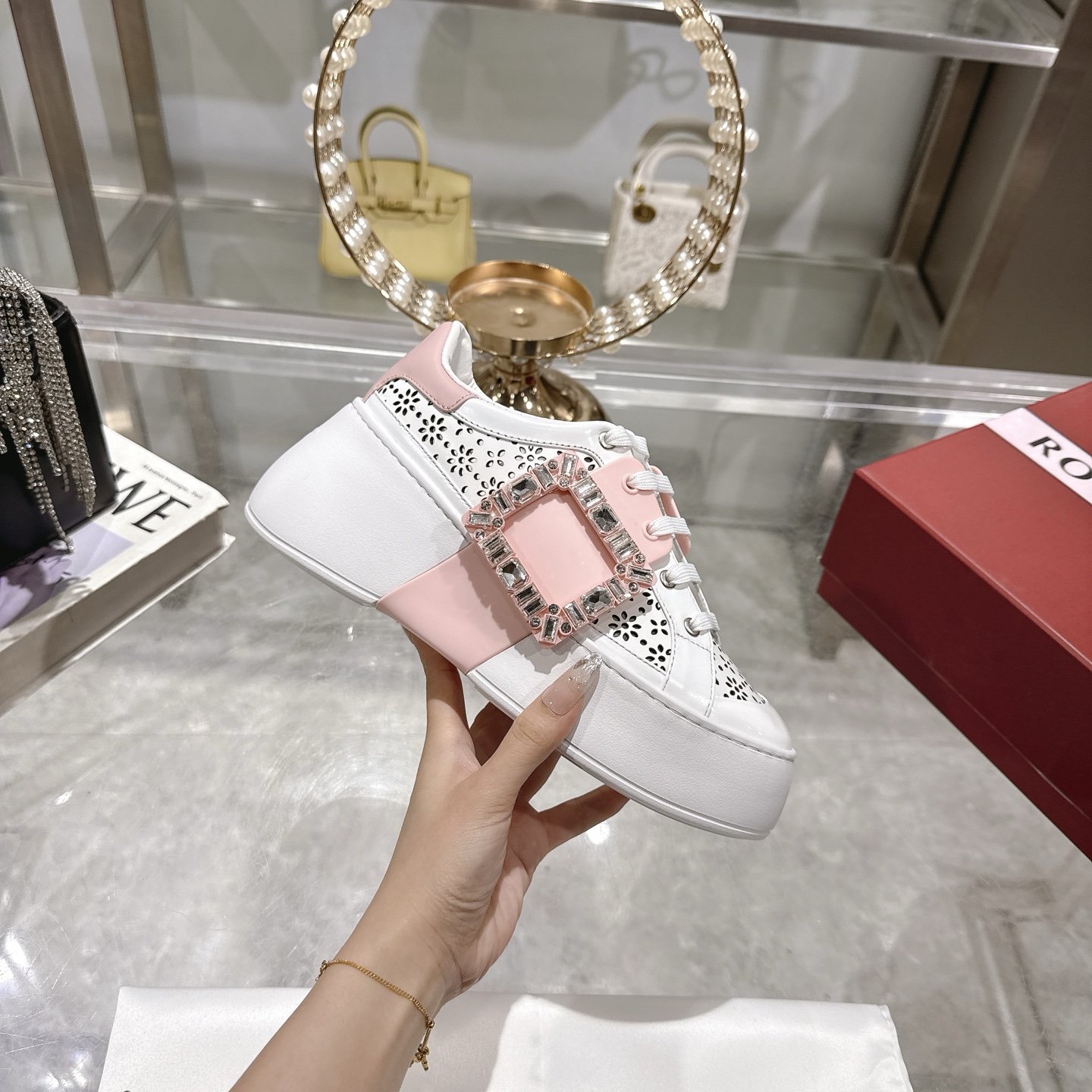 RV Inspired Crystal Buckle Sneakers - White Leather Platform Fashion Sneakers 2 i1743834100575 4569 0 5