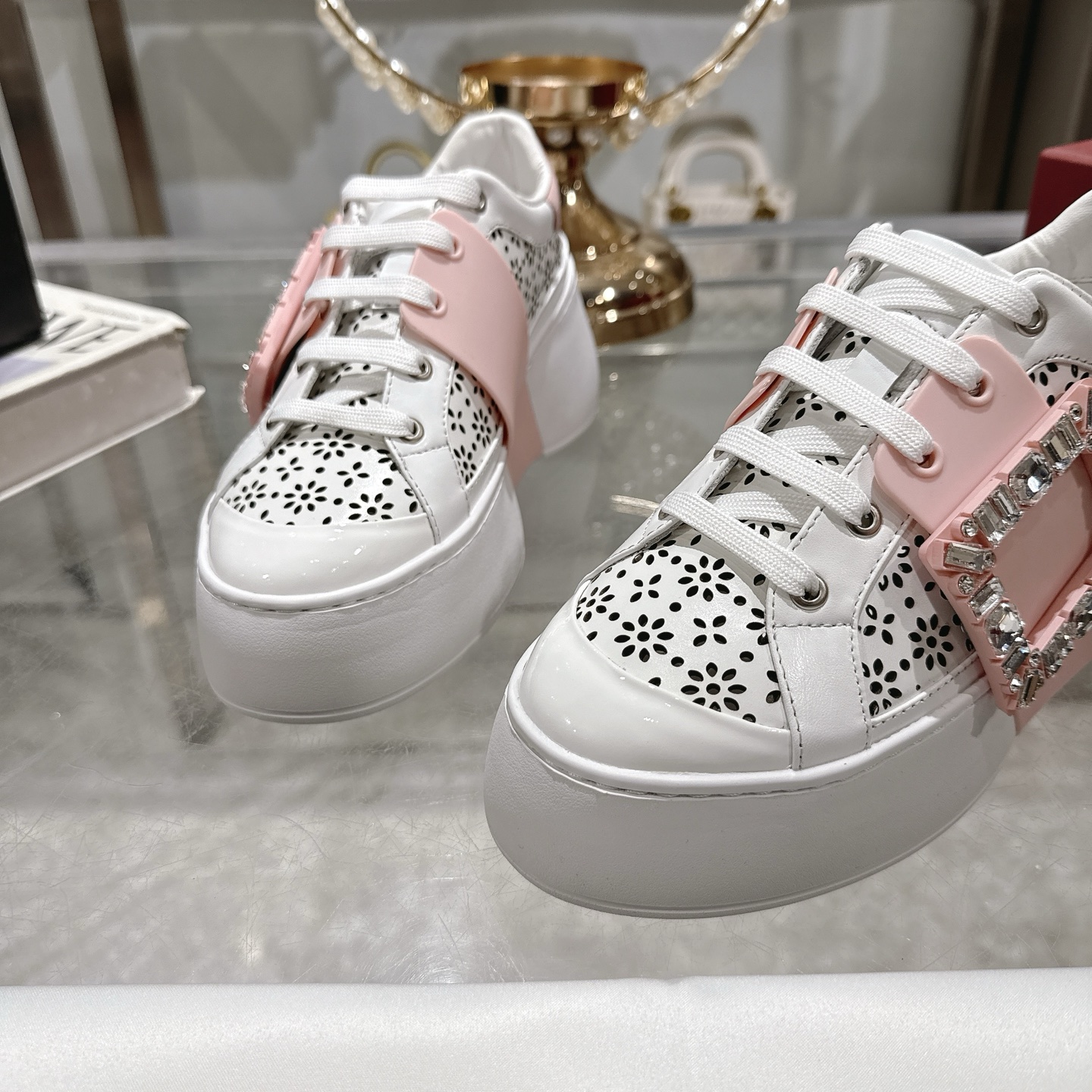 RV Inspired Crystal Buckle Sneakers - White Leather Platform Fashion Sneakers 8 i1743834101109 8142 0 6