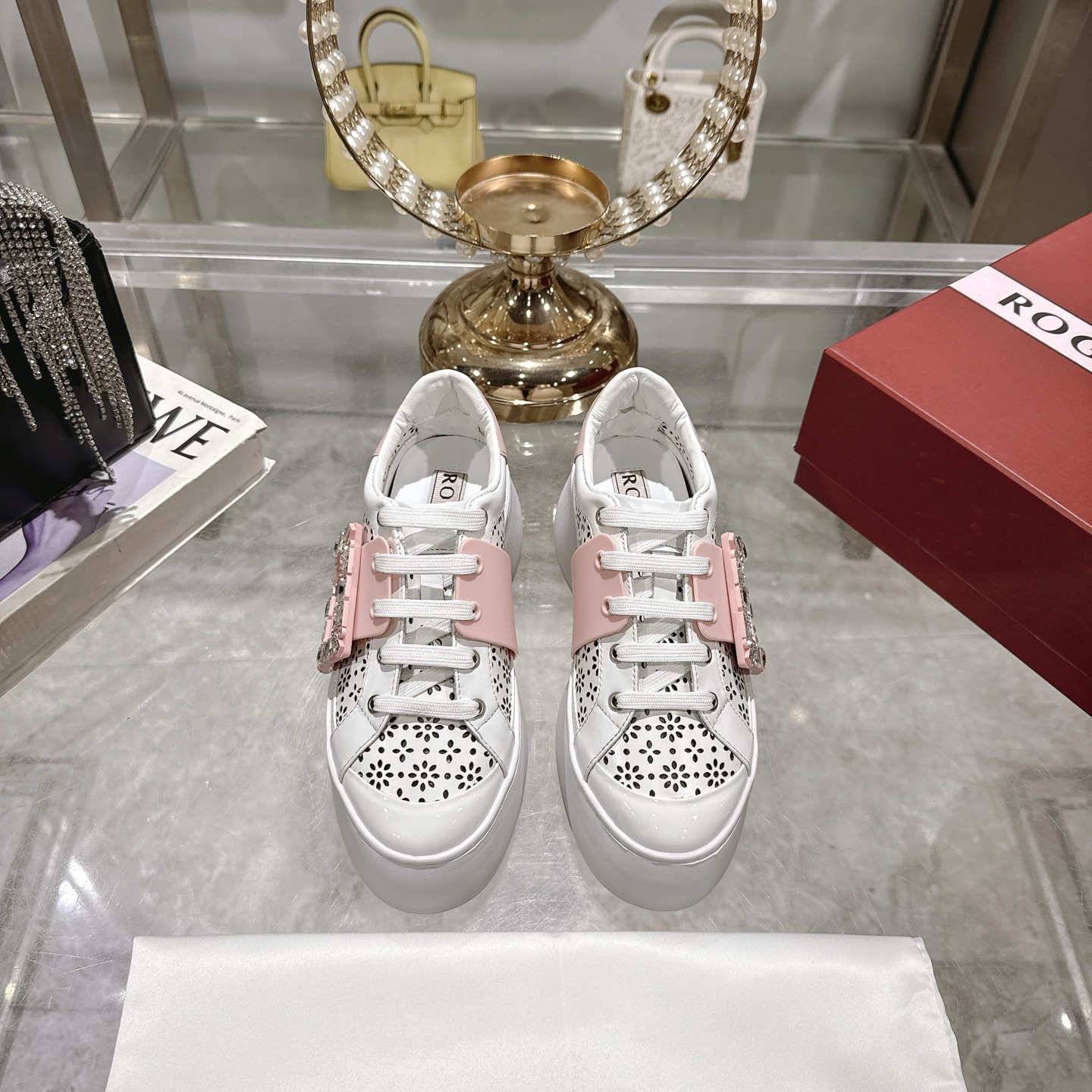 RV Inspired Crystal Buckle Sneakers - White Leather Platform Fashion Sneakers 3 i1743834101267 7252 0 0