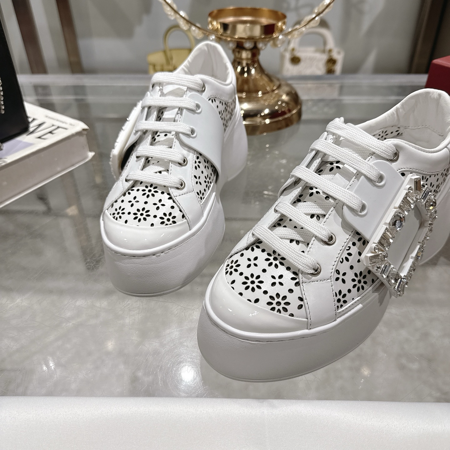 Roger Vivier Women's Viv' Run Strass Buckle Leather Sneakers White 9 i1743834355711 5878 0 7