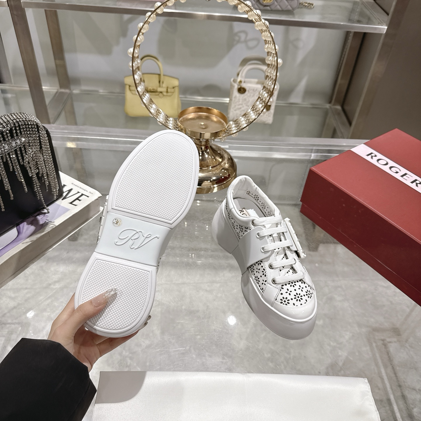 Roger Vivier Women's Viv' Run Strass Buckle Leather Sneakers White 10 i1743834404012 9555 0 8