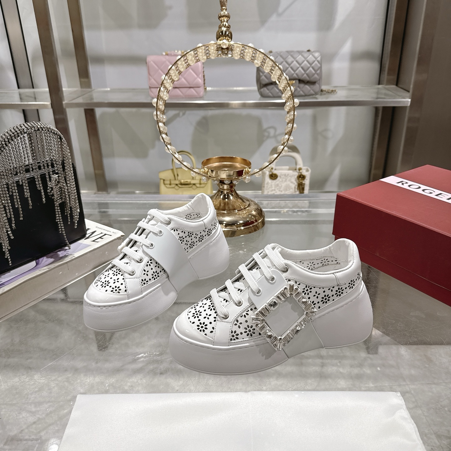 Roger Vivier Women's Viv' Run Strass Buckle Leather Sneakers White 1 RV Square Buckle White Sneakers: Lightweight, Comfortable, and Stylish