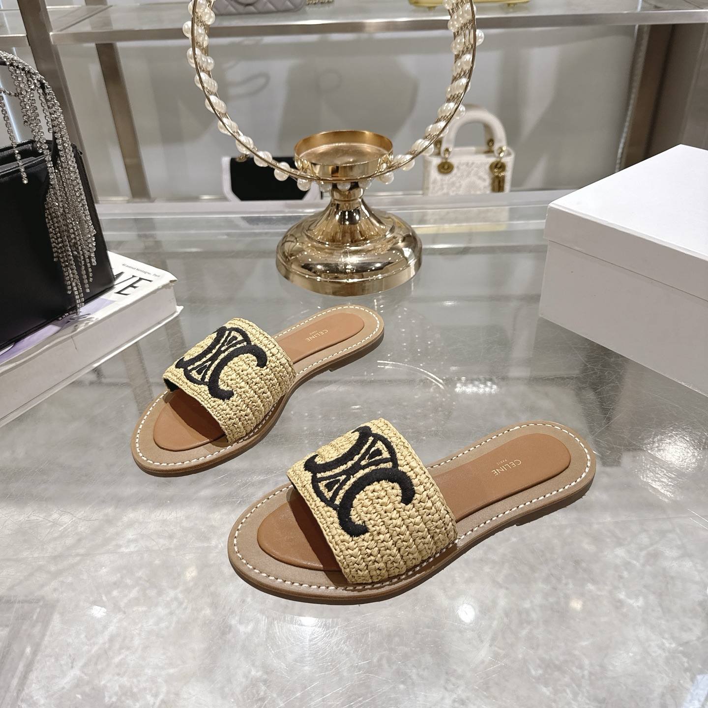 Celine Women's Raffia Embroidered Logo Slip-On Sandals 4 i1744806415801 8359 0 2