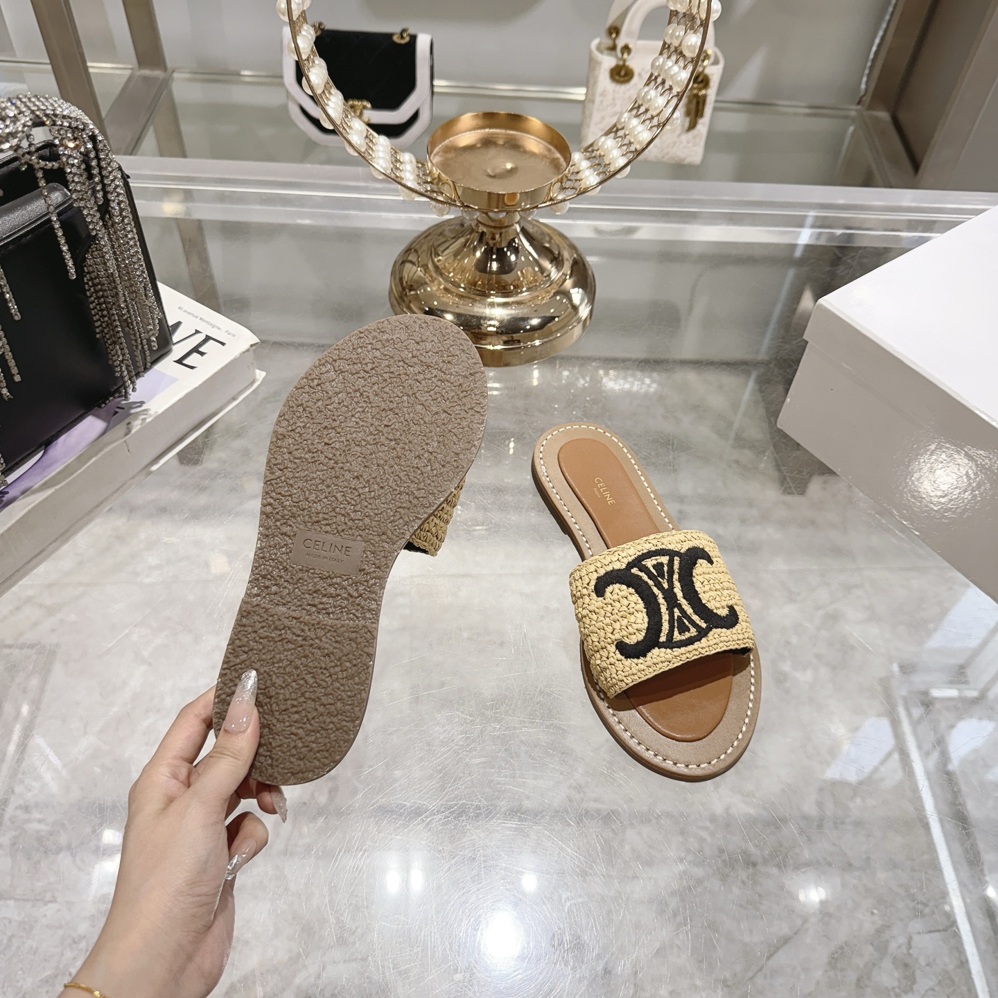 Celine Women's Raffia Embroidered Logo Slip-On Sandals 10 i1744806415911 5659 0 8