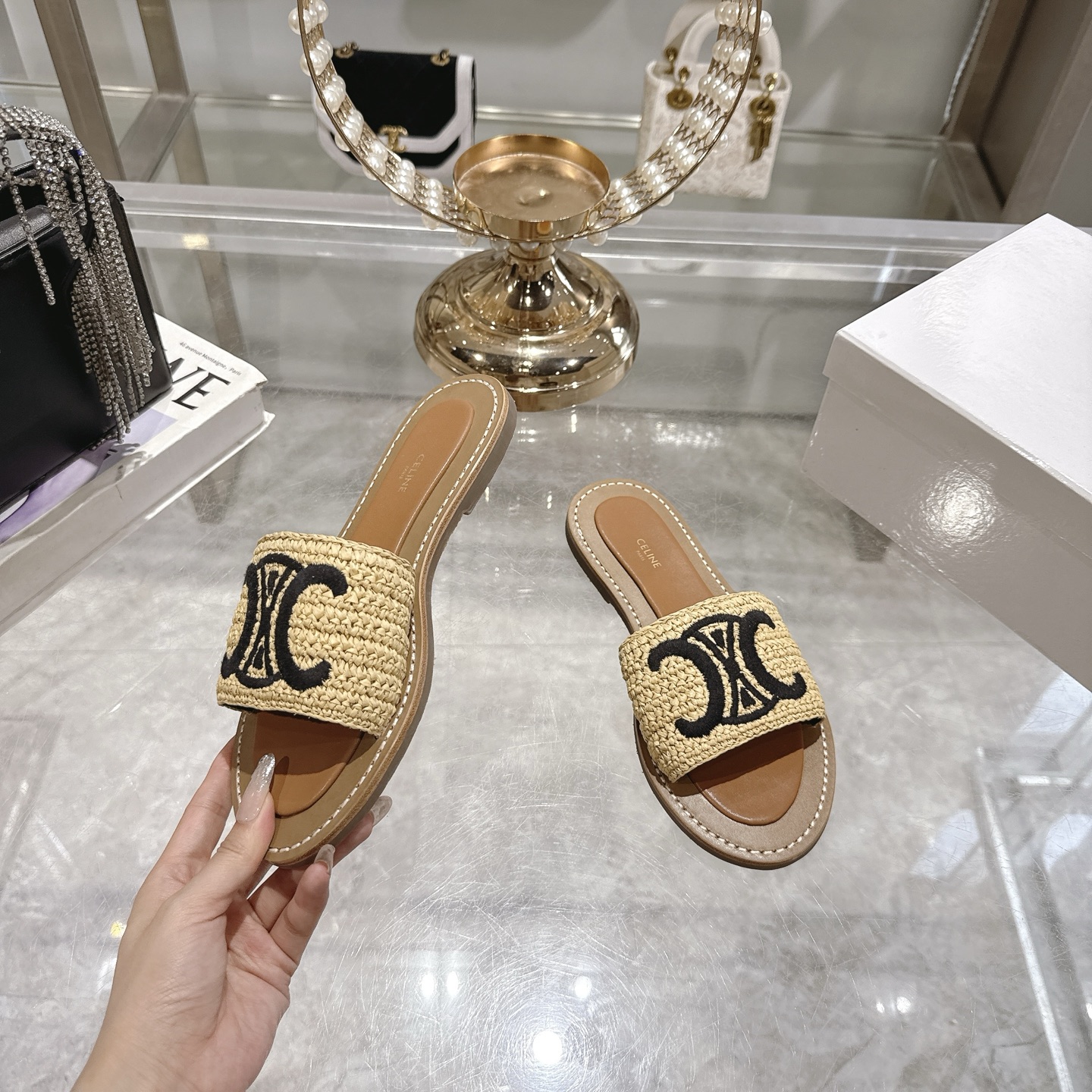 Celine Women's Raffia Embroidered Logo Slip-On Sandals 5 i1744806419072 7266 0 3
