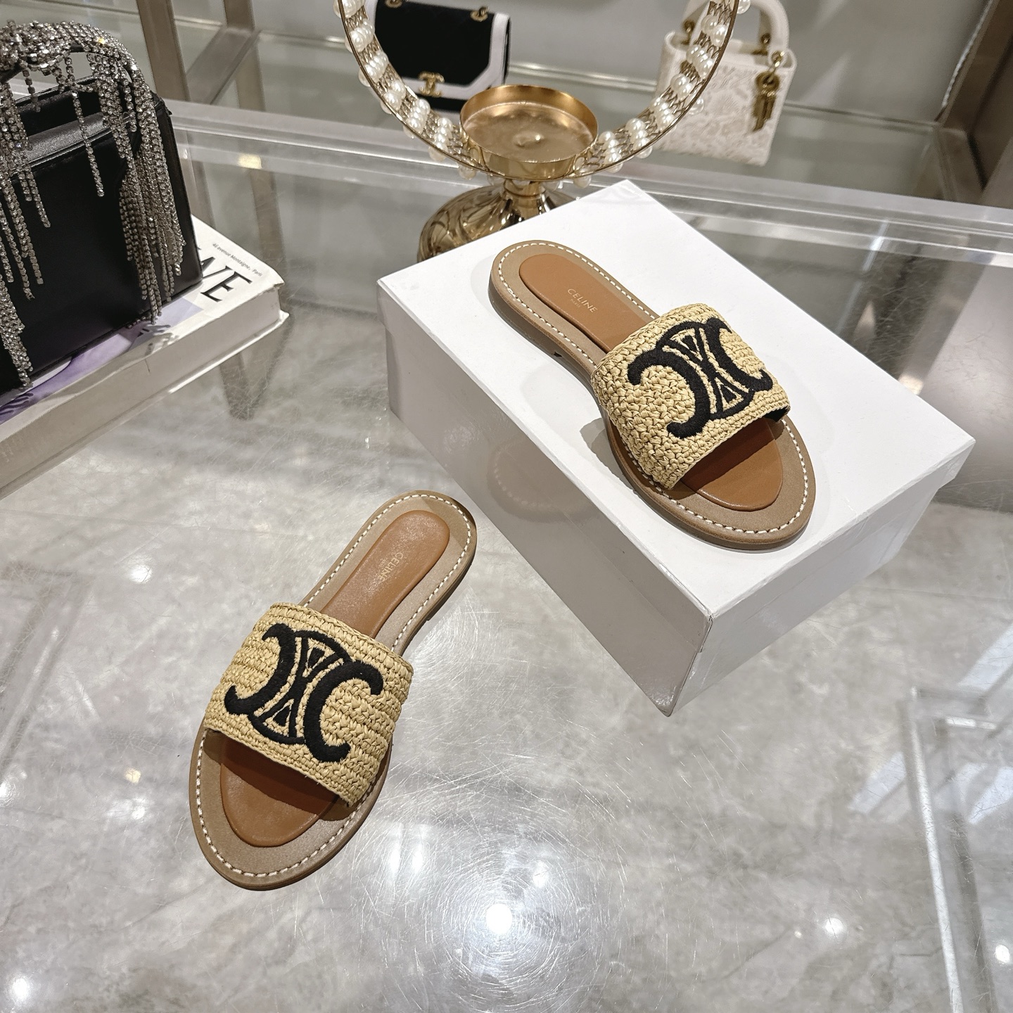 Celine Women's Raffia Embroidered Logo Slip-On Sandals 7 i1744806419093 3569 0 5