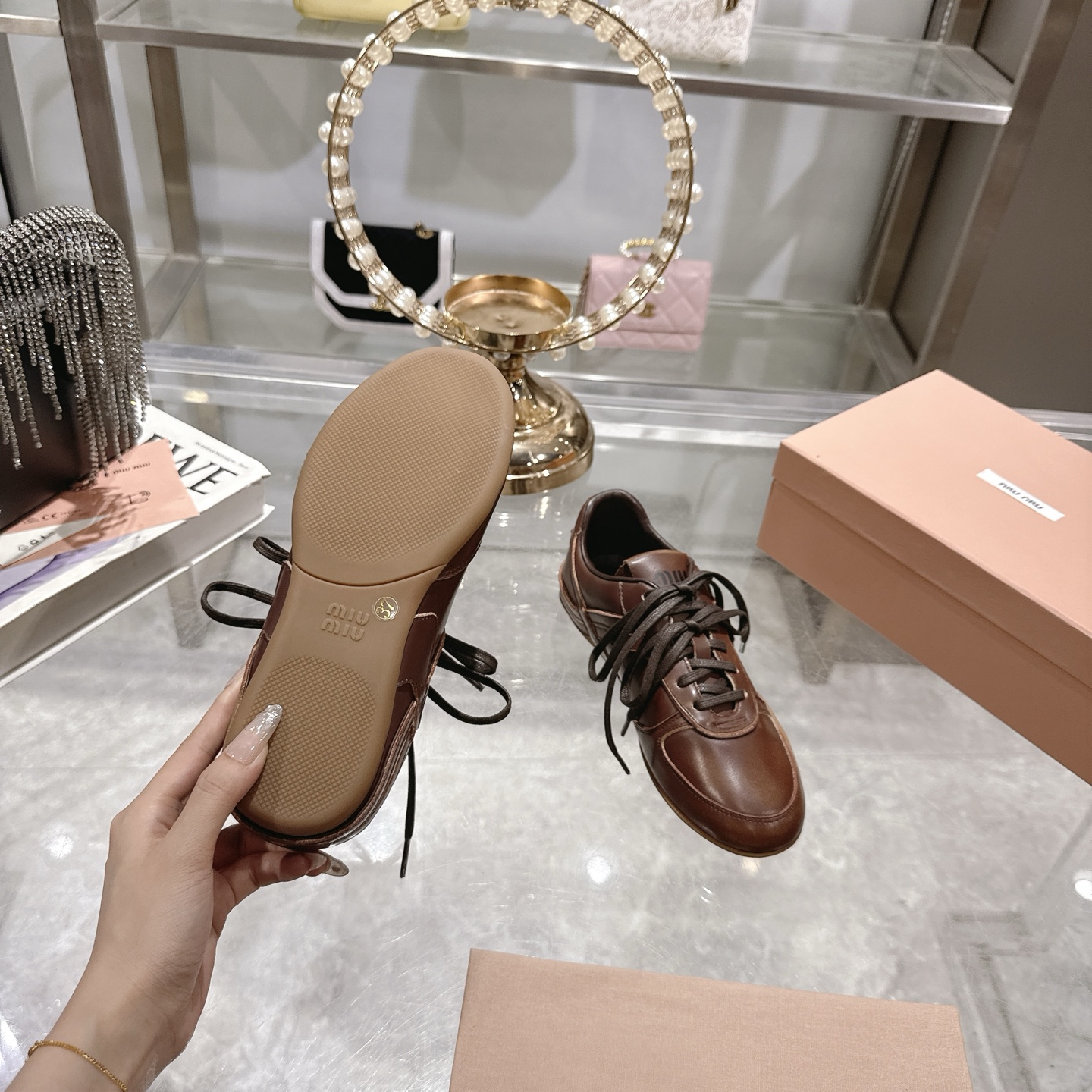 Miu Miu Women's Distressed Leather Low-Top Sneakers, Lace-Up Casual Shoes 10 i1744869908488 8958 0 8
