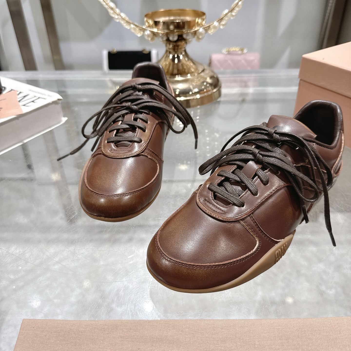 Miu Miu Women's Distressed Leather Low-Top Sneakers, Lace-Up Casual Shoes 8 i1744869908577 2118 0 6