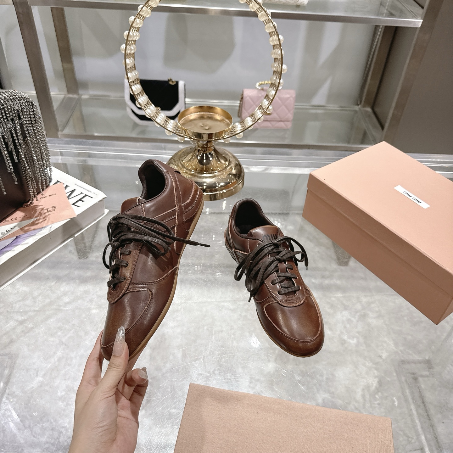 Miu Miu Women's Distressed Leather Low-Top Sneakers, Lace-Up Casual Shoes 6 i1744869908620 7154 0 3