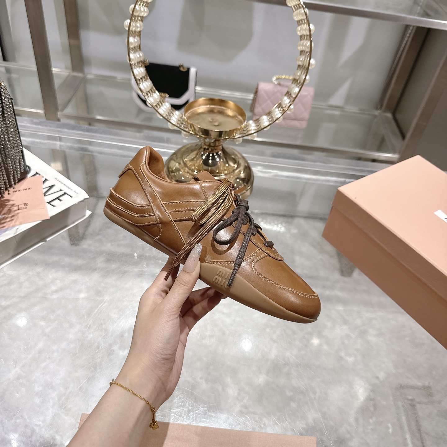 Miu Miu Women's 25ss Distressed Leather German Casual Sneakers 1 Miu Miu Women's 25ss Distressed Leather German Casual Sneakers
