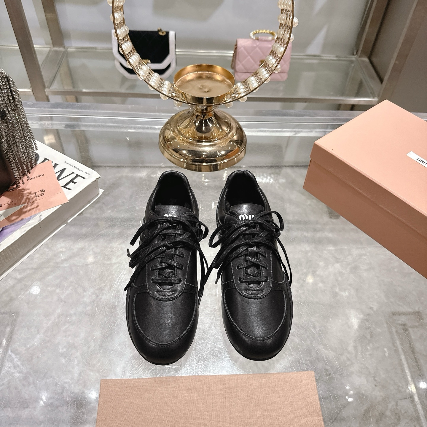 Miu Miu Leather Distressed German Army Trainers Sneakers, Black 3 i1744869974265 4121 0 0
