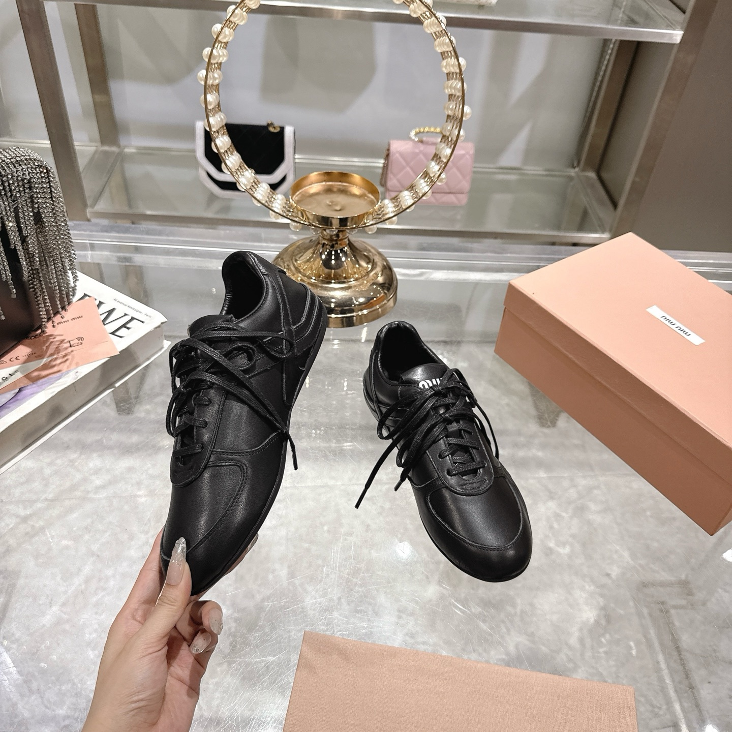 Miu Miu Leather Distressed German Army Trainers Sneakers, Black 6 i1744869976746 9387 0 3