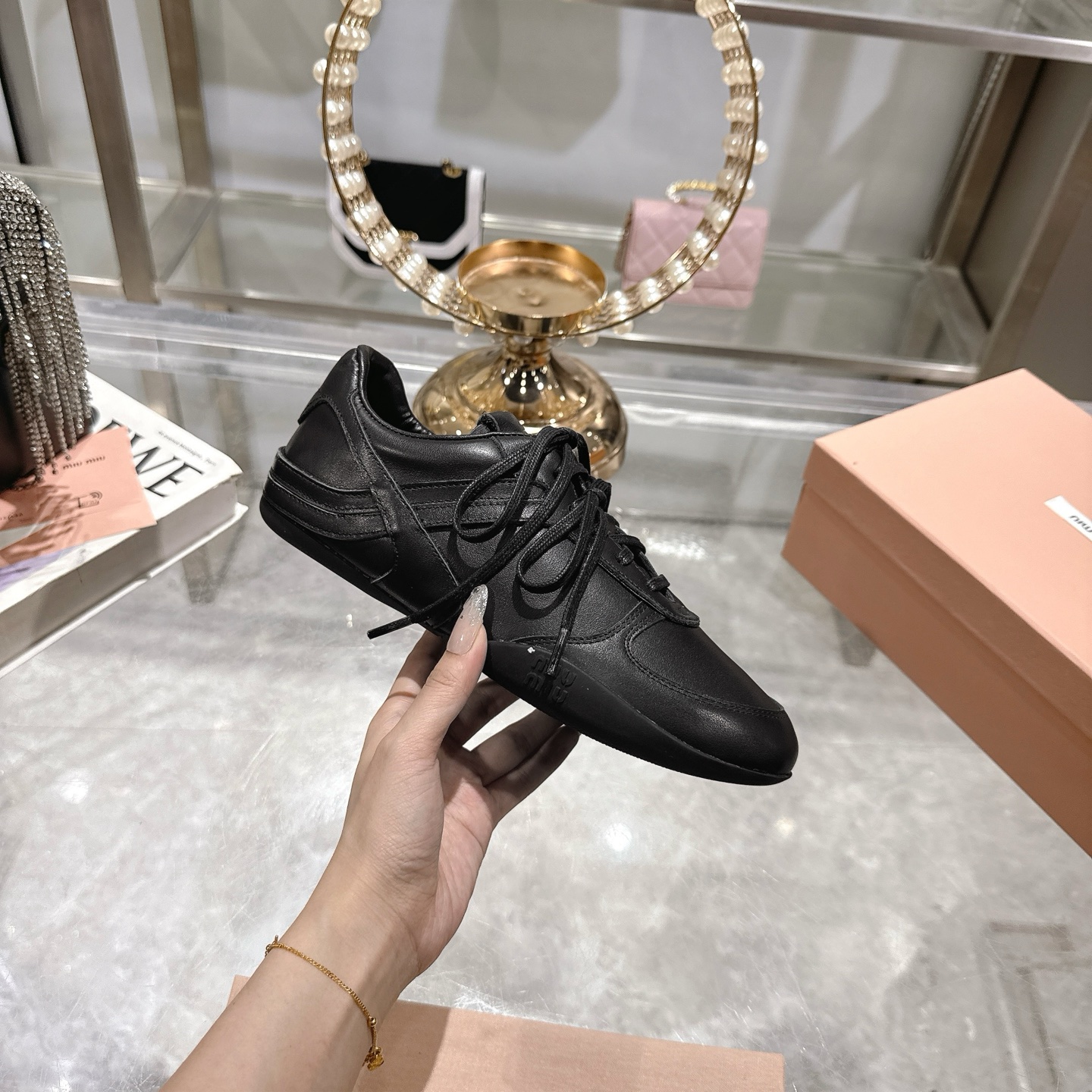Miu Miu Leather Distressed German Army Trainers Sneakers, Black 2 i1744869976766 2724 0 4
