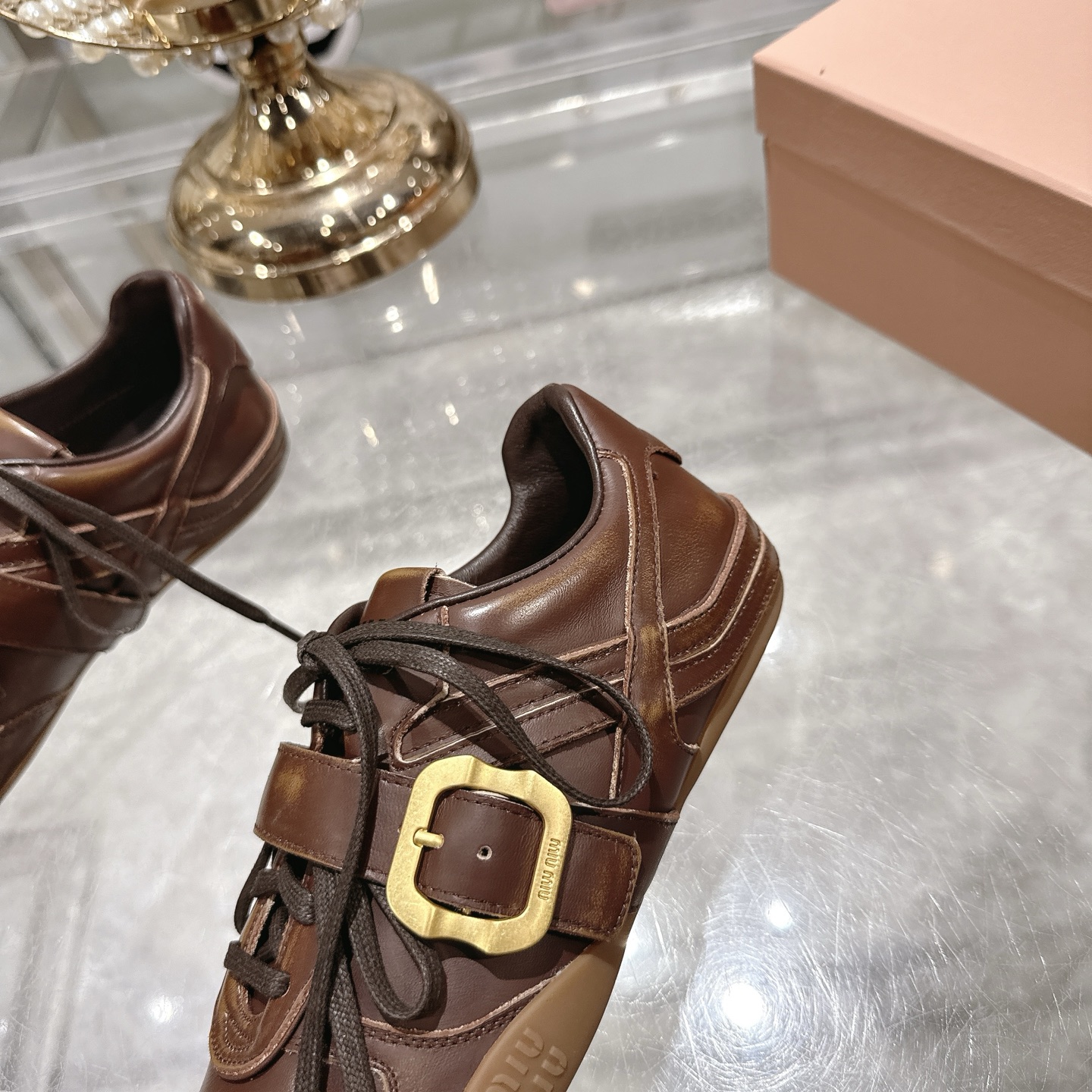 Miu Miu Women's Distressed Leather Sneakers with Buckle Detail, Brown 8 i1744870125960 3426 0 6