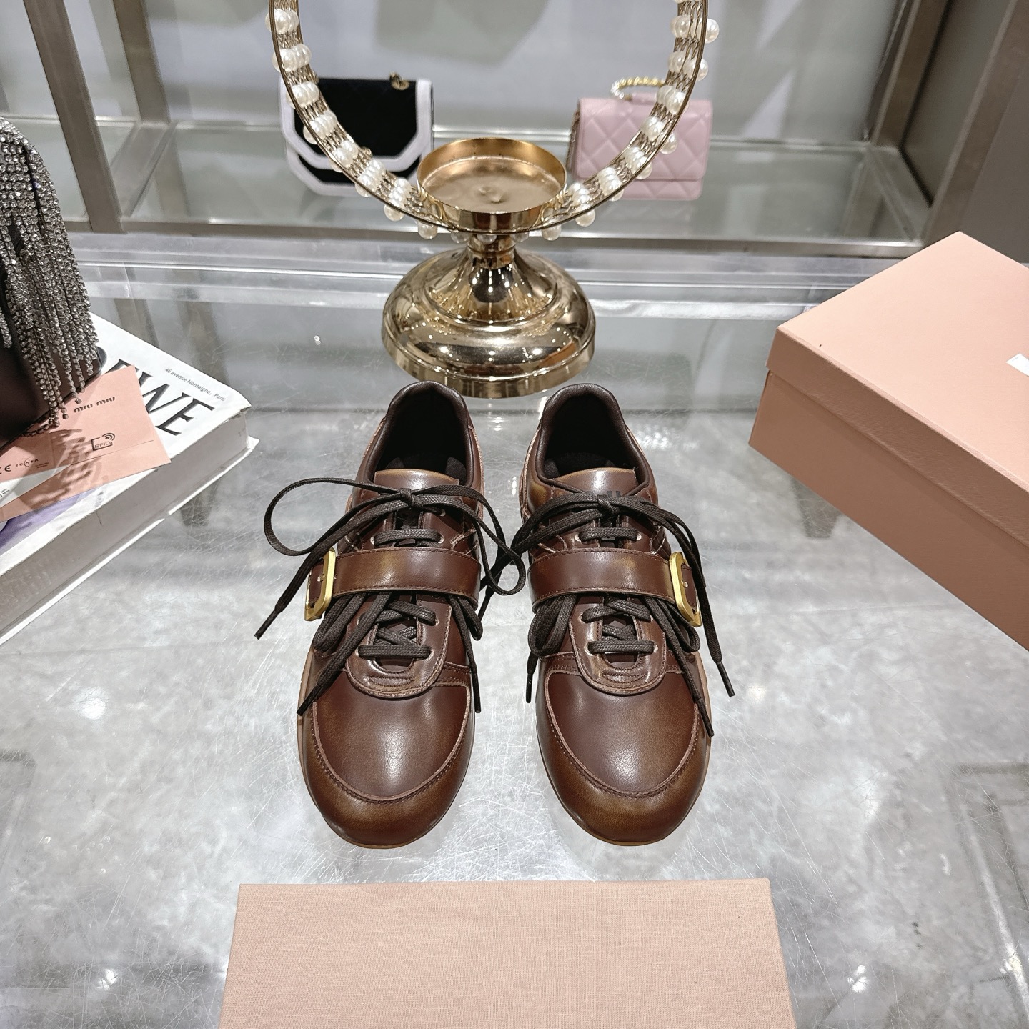 Miu Miu Women's Distressed Leather Sneakers with Buckle Detail, Brown 3 i1744870127111 9970 0 0