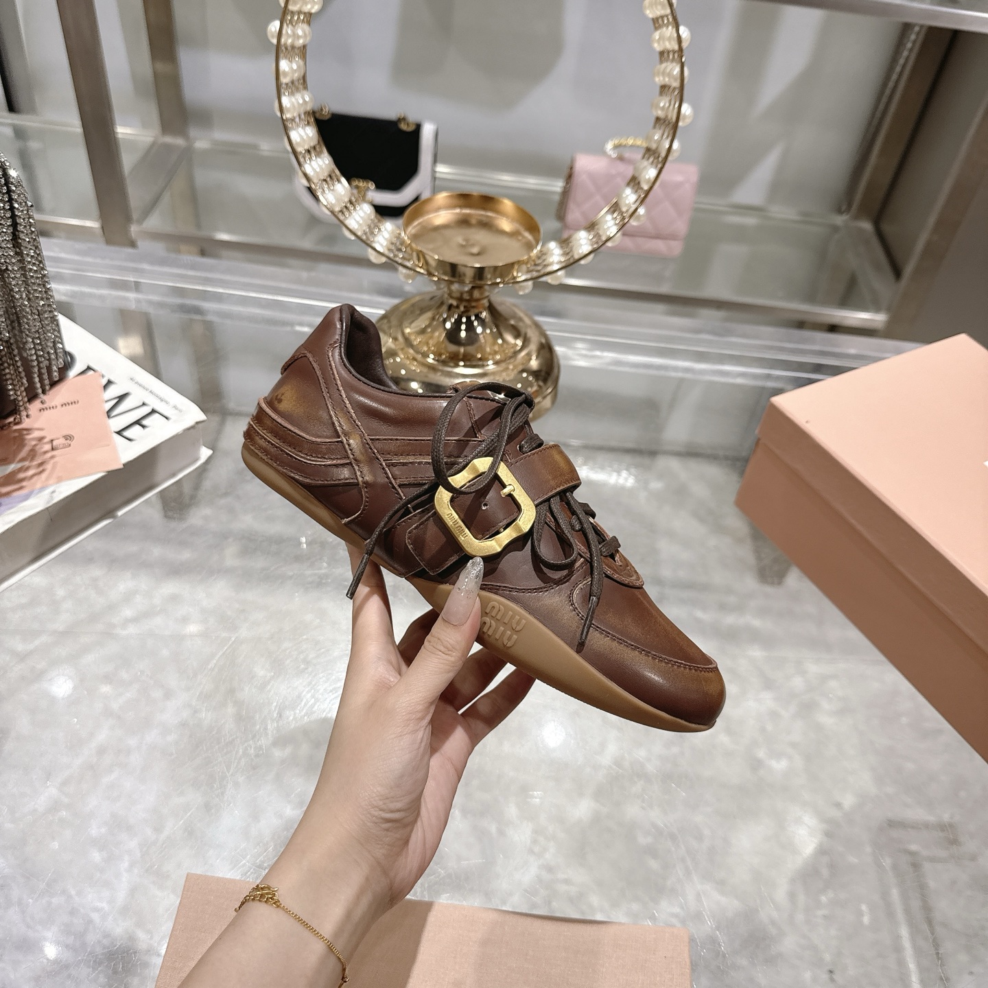 Miu Miu Women's Distressed Leather Sneakers with Buckle Detail, Brown 1 Miu Miu Women's Distressed Leather Sneakers with Buckle Detail, Brown