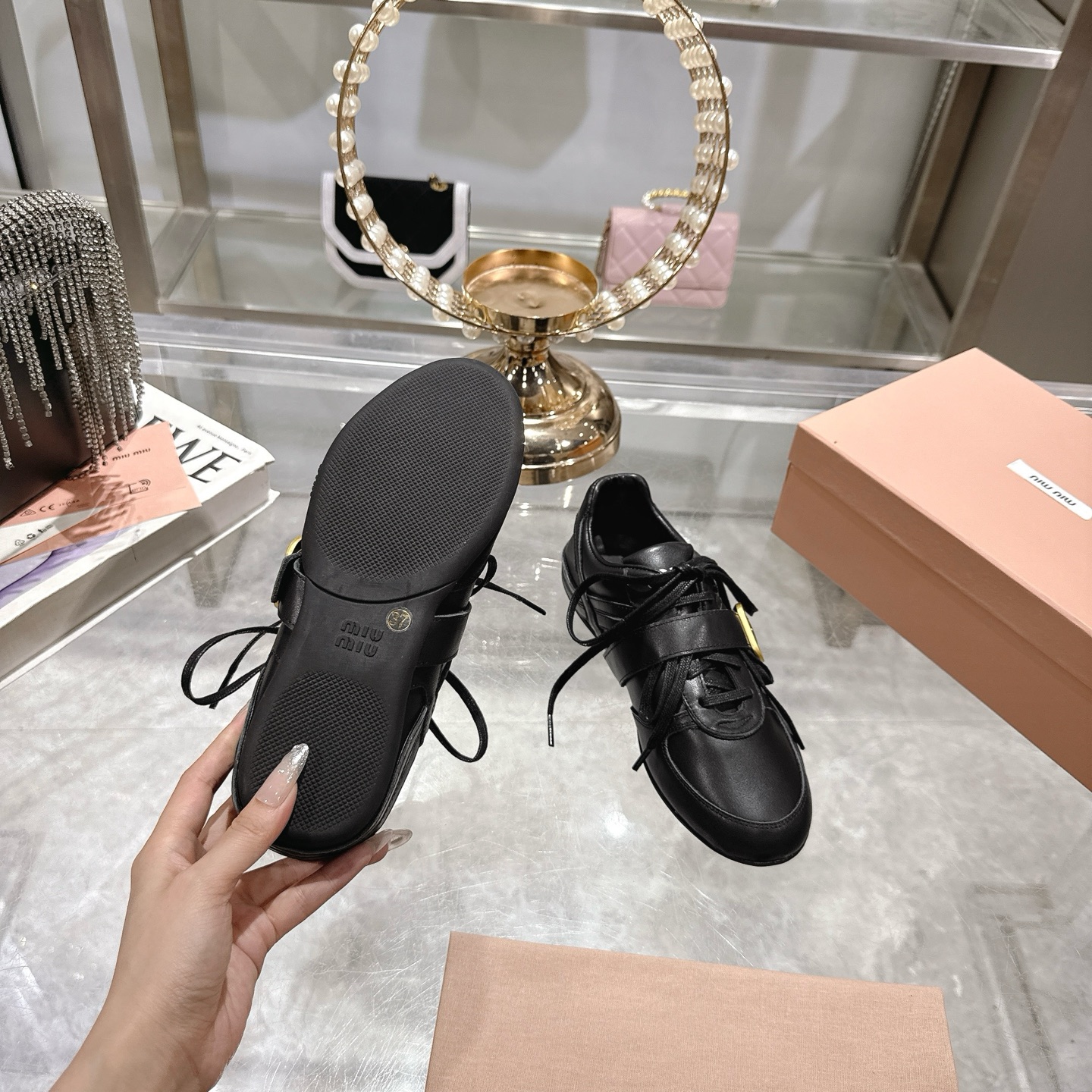 Miu Miu Women's Leather Lace-Up Sneakers with Buckle Detail - Black 10 i1744870275107 8707 0 8
