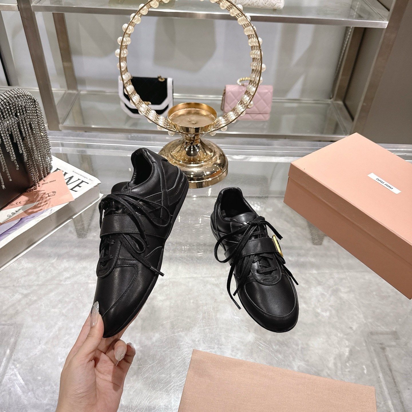 Miu Miu Women's Leather Lace-Up Sneakers with Buckle Detail - Black 6 i1744870276307 4885 0 3