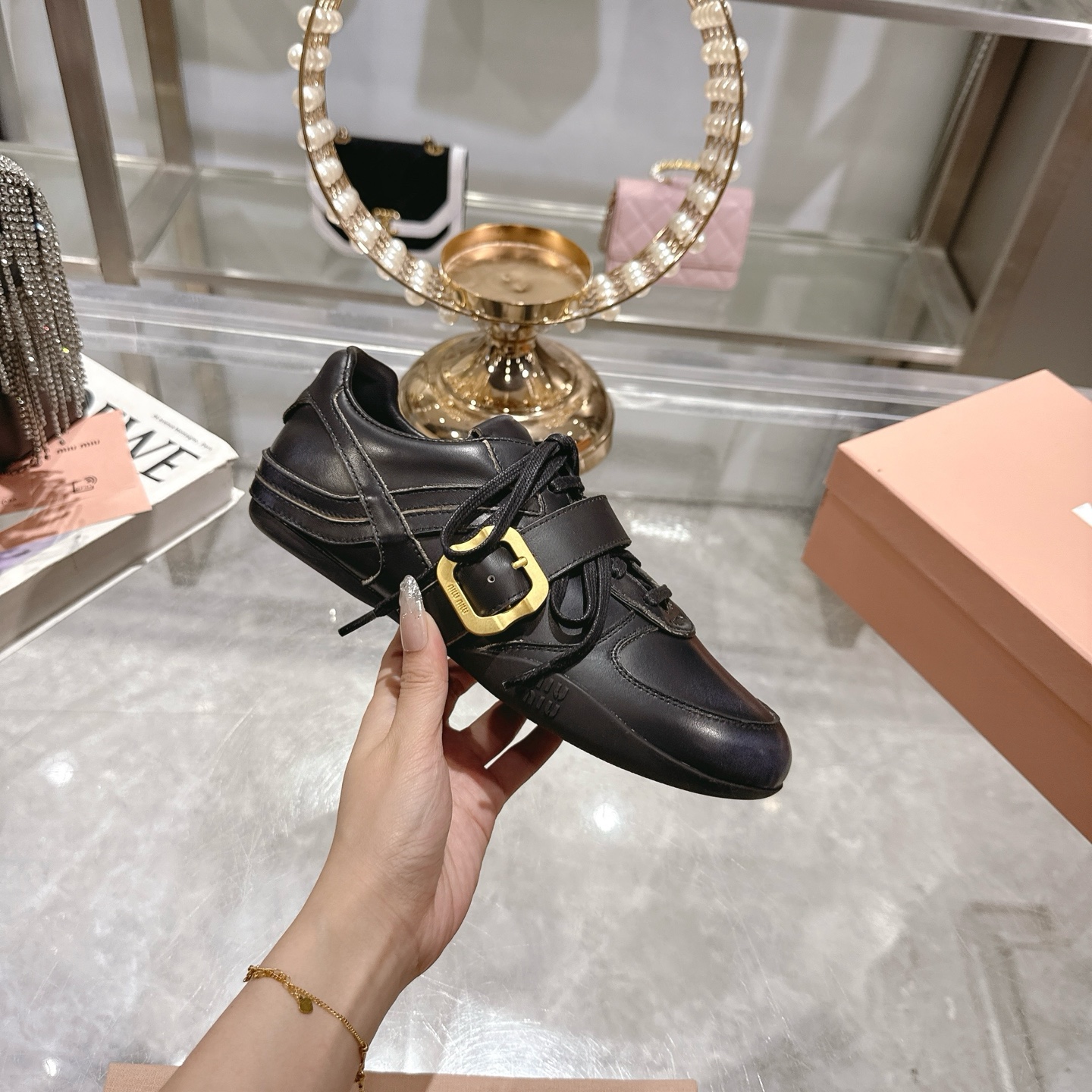 Miu Miu Women's Leather Sneakers with Buckle Detail - Modern Style 1 Miu Miu Women's Leather Sneakers with Buckle Detail - Modern Style