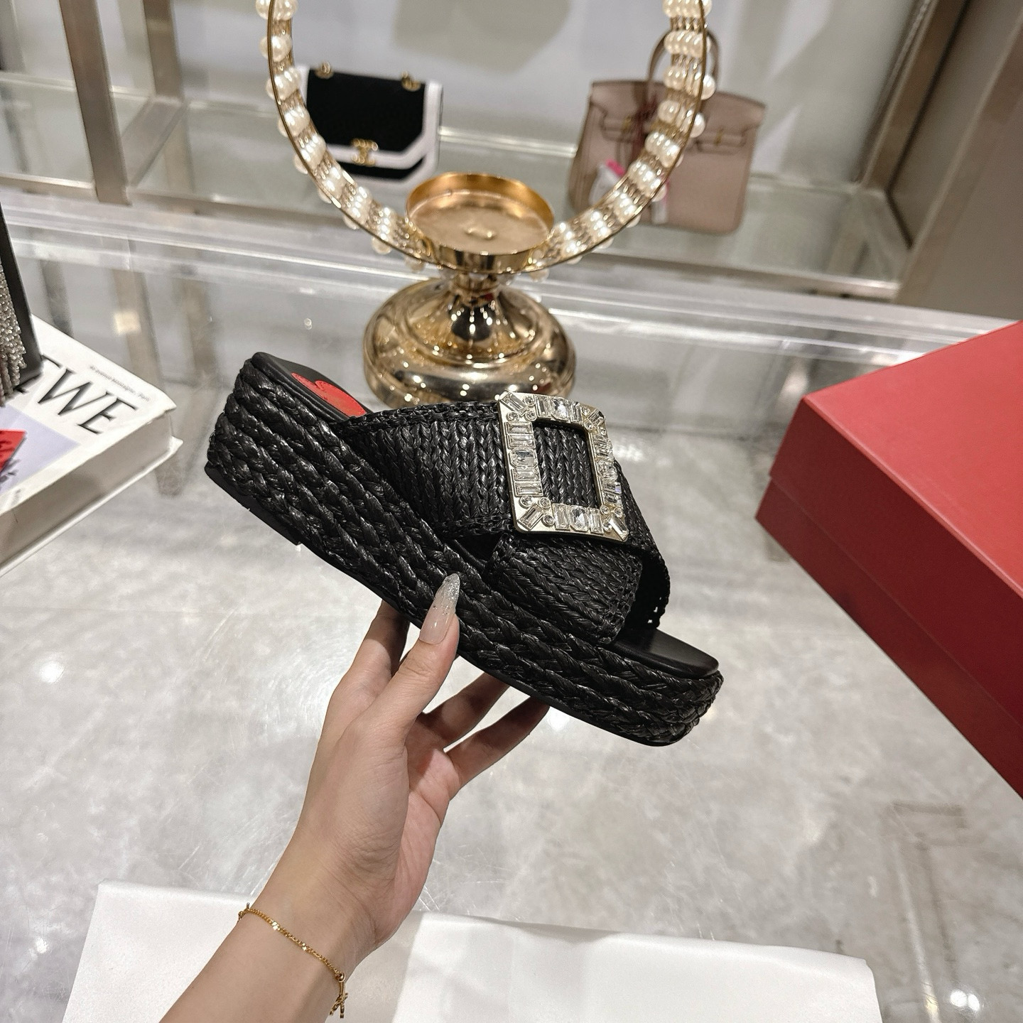 Raffia Platform Sandals with Crystal Buckle Embellishment for Women 5 i1744874281817 4461 0 3