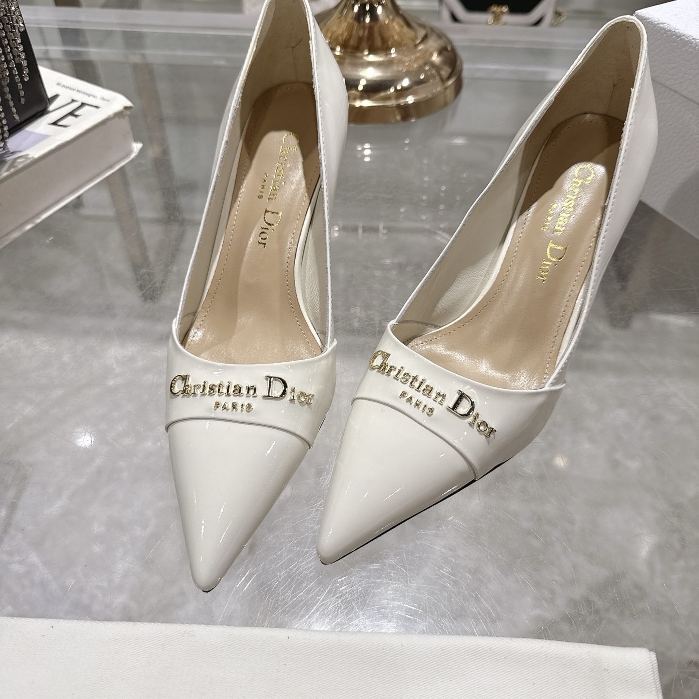Dior D-My Cream Leather Pointed-Toe Heels with Gold-Tone 'Dior Paris' Logo 9 i1745298897206 9002 0 7