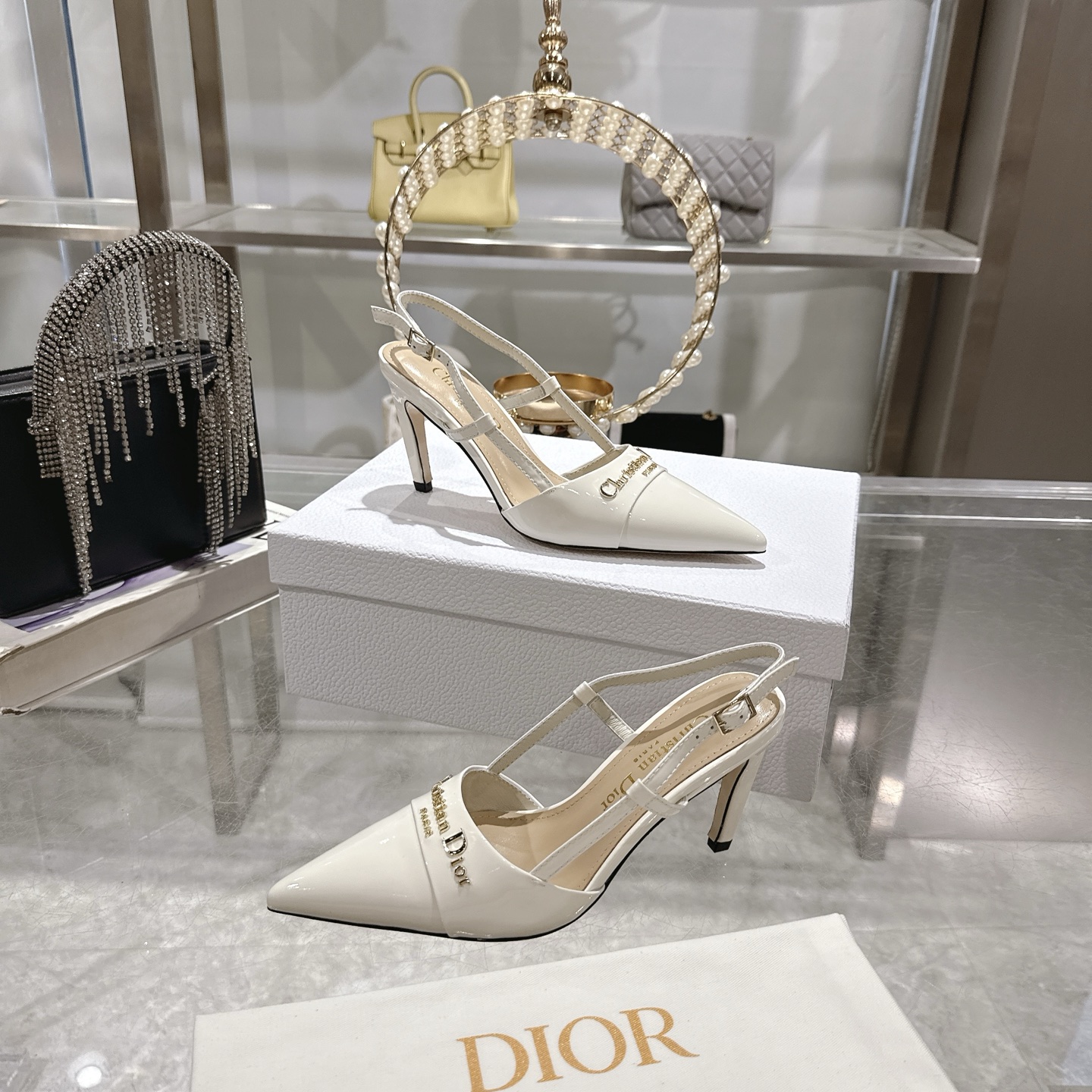 Dior D-My Slingback Pumps, Patent Leather Pointed-Toe Heels 1 Dior D-My Slingback Pumps, Patent Leather Pointed-Toe Heels