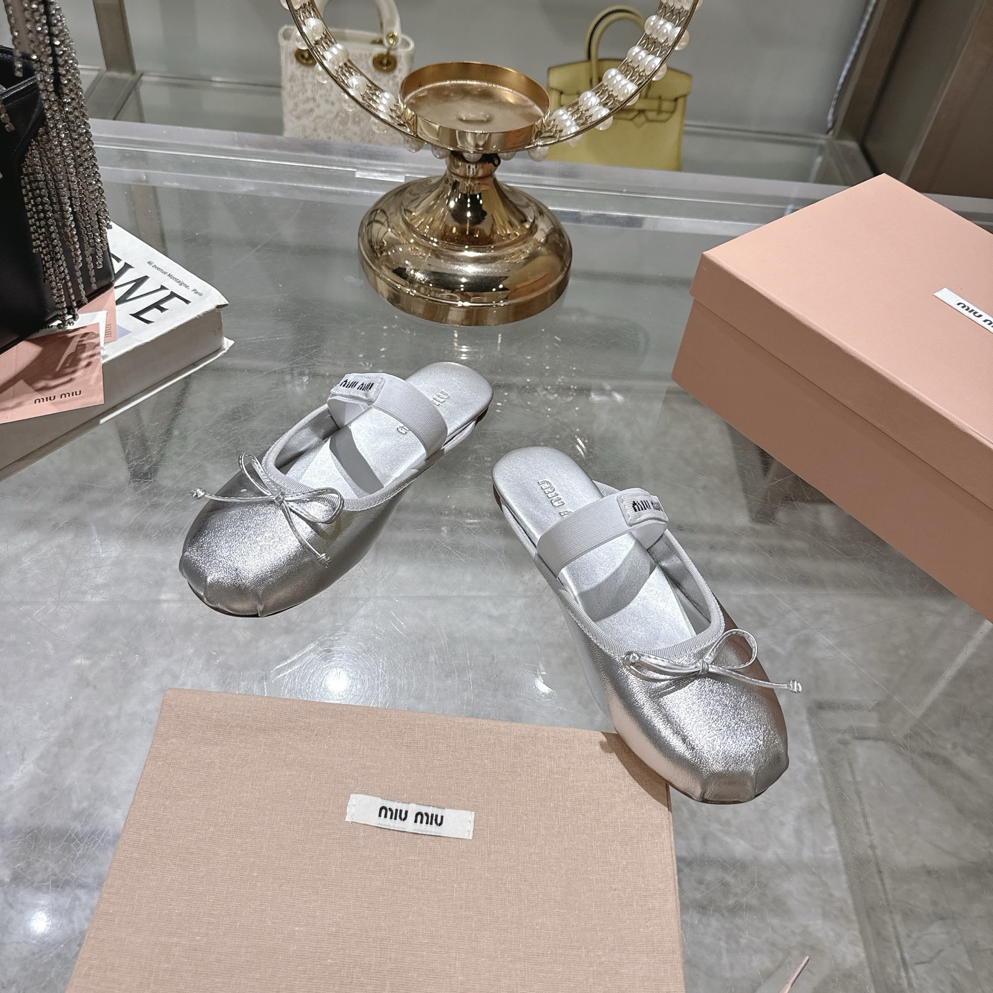 Miu Miu Women's Ballerina Bow-Tie Slippers Lambskin and Silk Silver 4 i1745731065813 8140 0 1