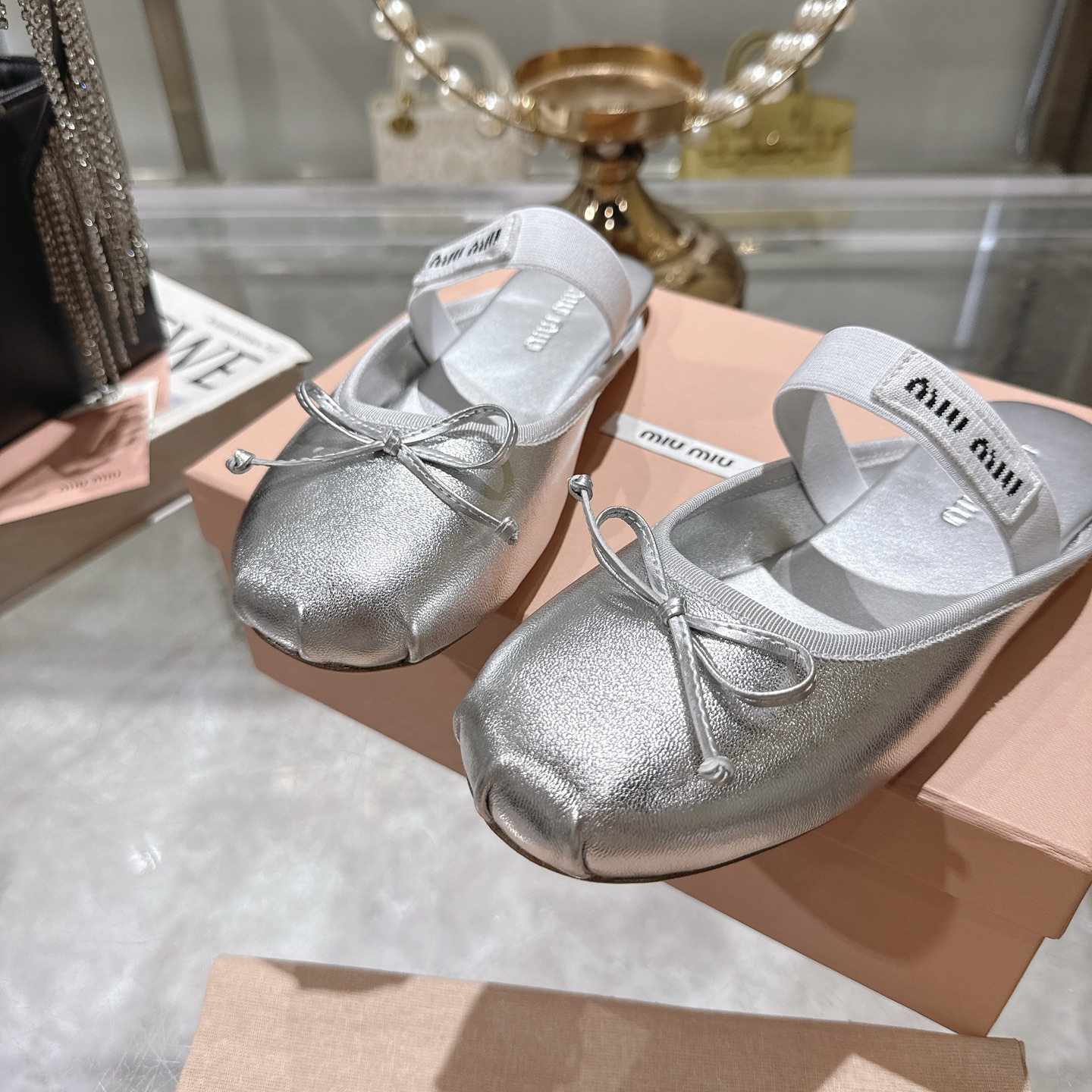 Miu Miu Women's Ballerina Bow-Tie Slippers Lambskin and Silk Silver 9 i1745731065985 147 0 7