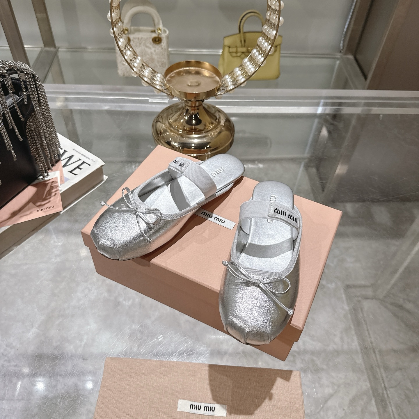 Miu Miu Women's Ballerina Bow-Tie Slippers Lambskin and Silk Silver 1 Miu Miu Women's Ballerina Bow-Tie Slippers Lambskin and Silk Silver