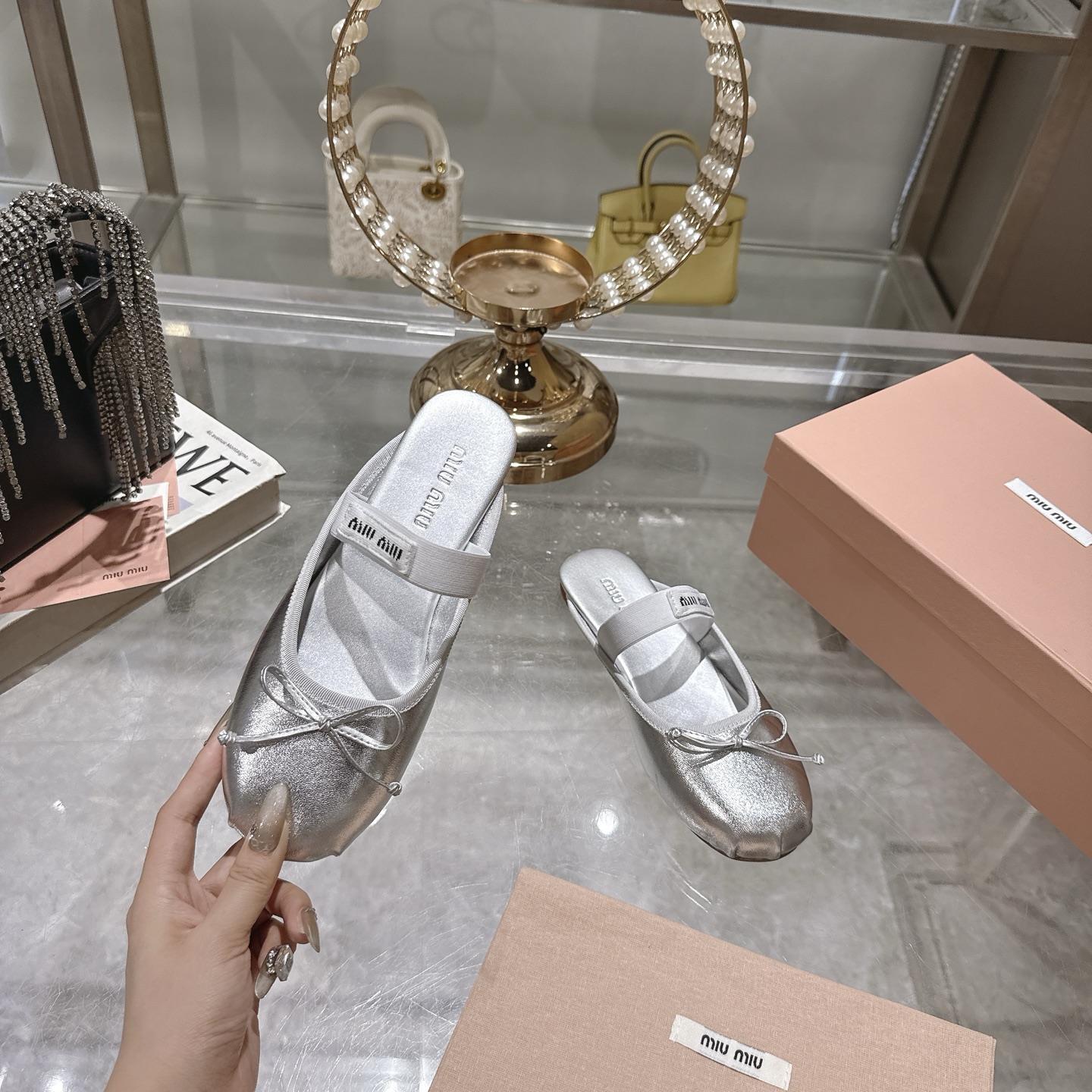 Miu Miu Women's Ballerina Bow-Tie Slippers Lambskin and Silk Silver 6 i1745731068022 9491 0 3