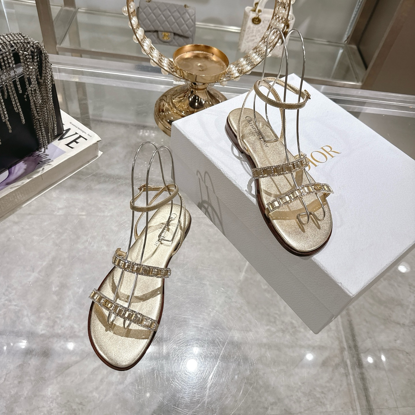 Dior Women's Gold-Tone Rhinestone Embellished Leather Flat Sandals 7 i1746269999748 2187 0 5