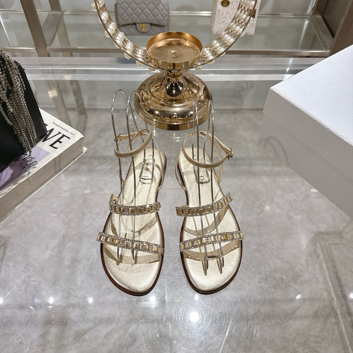 Dior Women's Gold-Tone Rhinestone Embellished Leather Flat Sandals 1 Dior Women's Gold-Tone Rhinestone Embellished Leather Flat Sandals