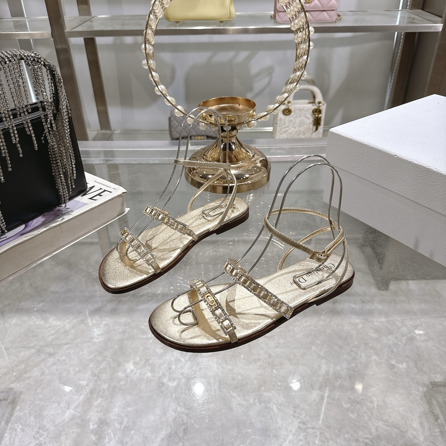 Dior Women's Gold-Tone Rhinestone Embellished Leather Flat Sandals 4 i1746269999866 7683 0 2