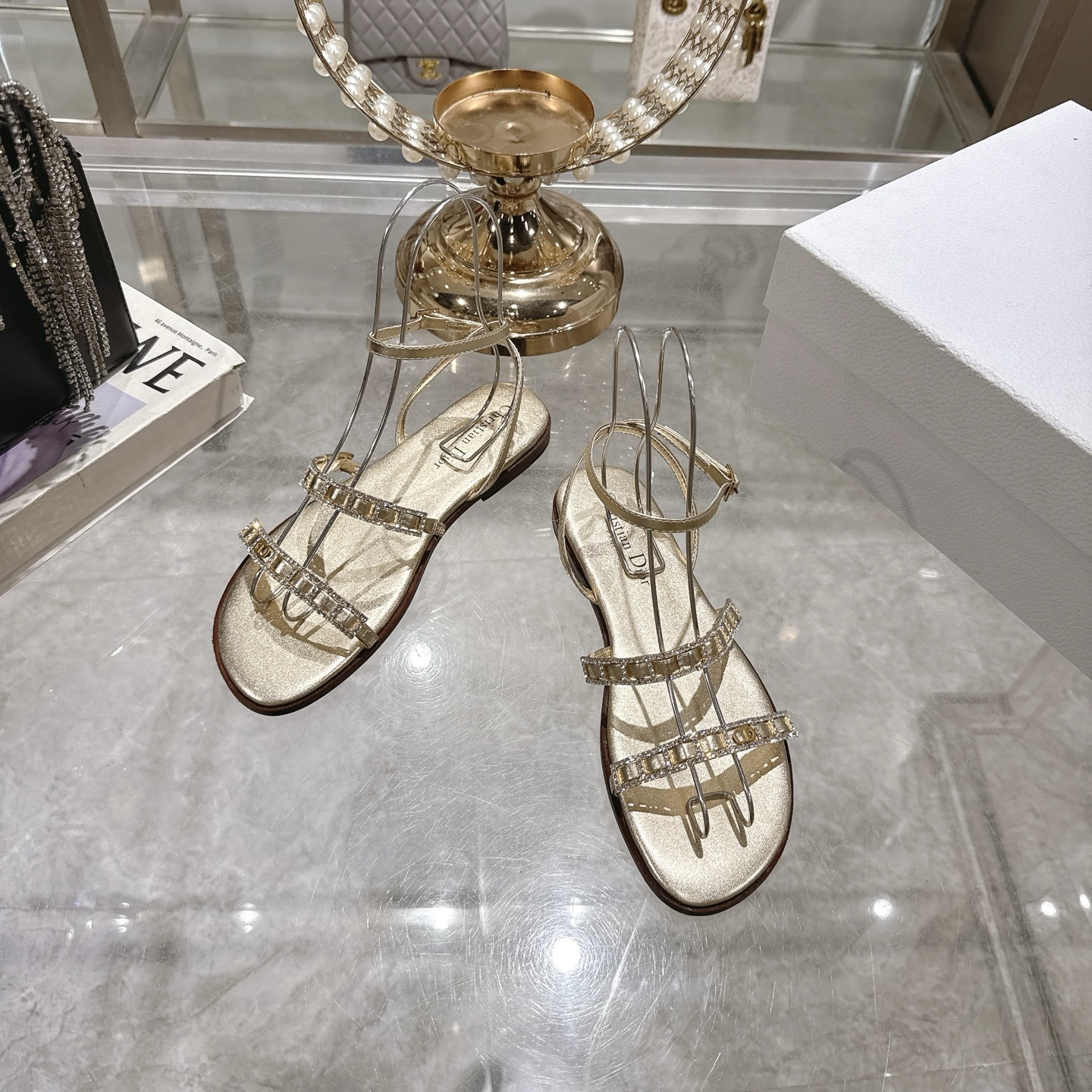 Dior Women's Gold-Tone Rhinestone Embellished Leather Flat Sandals 3 i1746270005069 5920 0 1