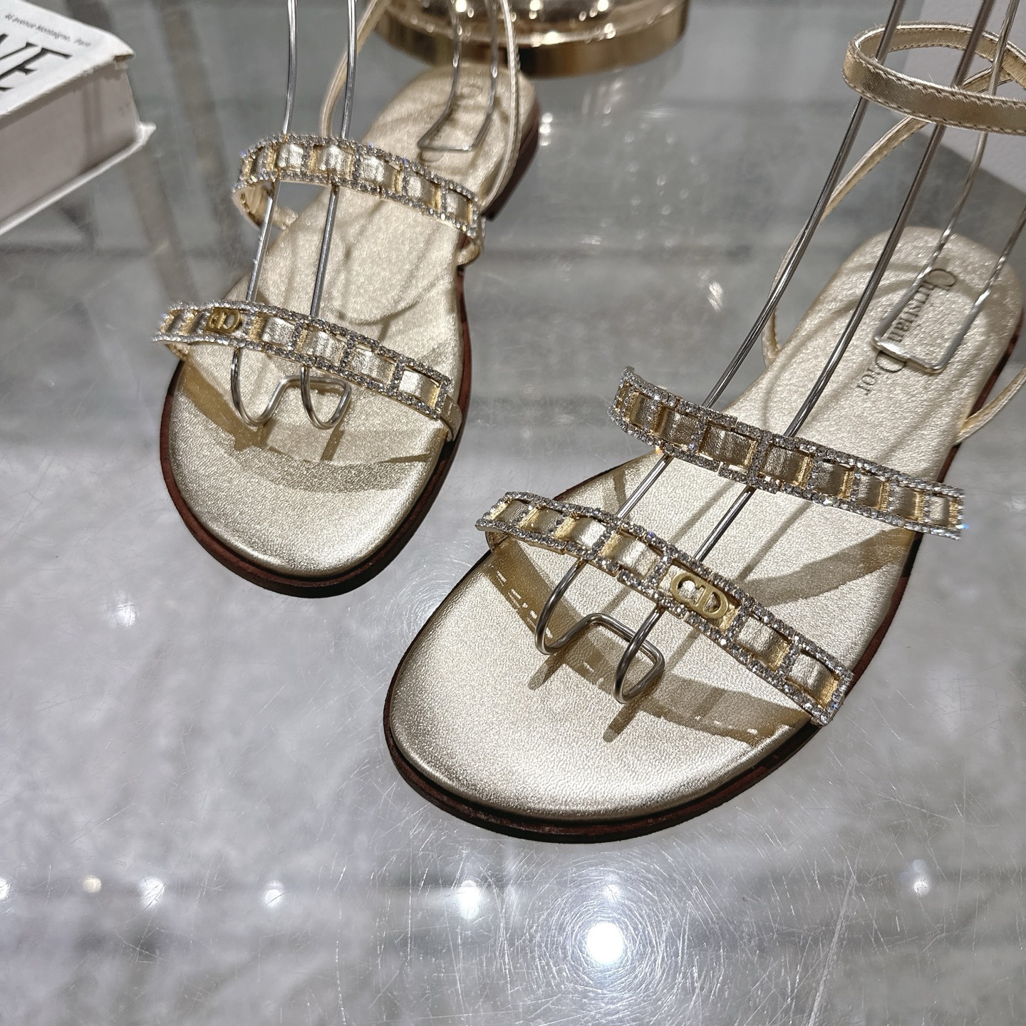Dior Women's Gold-Tone Rhinestone Embellished Leather Flat Sandals 9 i1746270005200 4781 0 7
