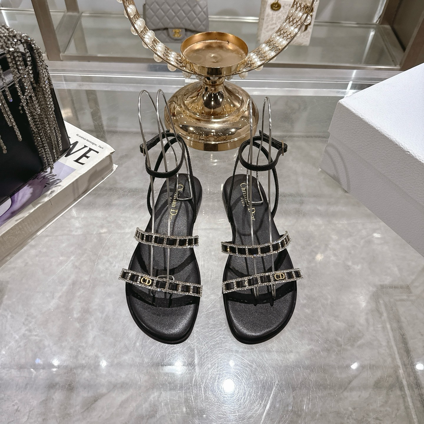 Dior Women's Flat Sandals with Rhinestone Embellishments - Summer Collection 1 Dior Women's Flat Sandals with Rhinestone Embellishments - Summer Collection