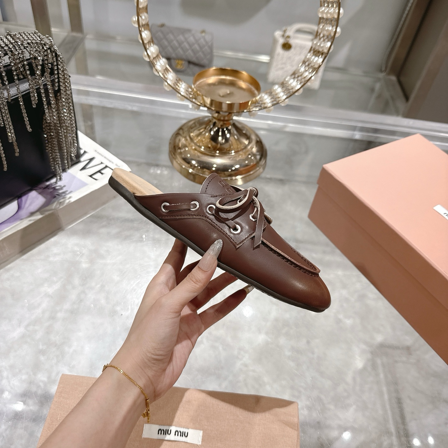 Miu Miu Leather Flat Mules Eyelet Lace-Up Pointed Women's Shoes