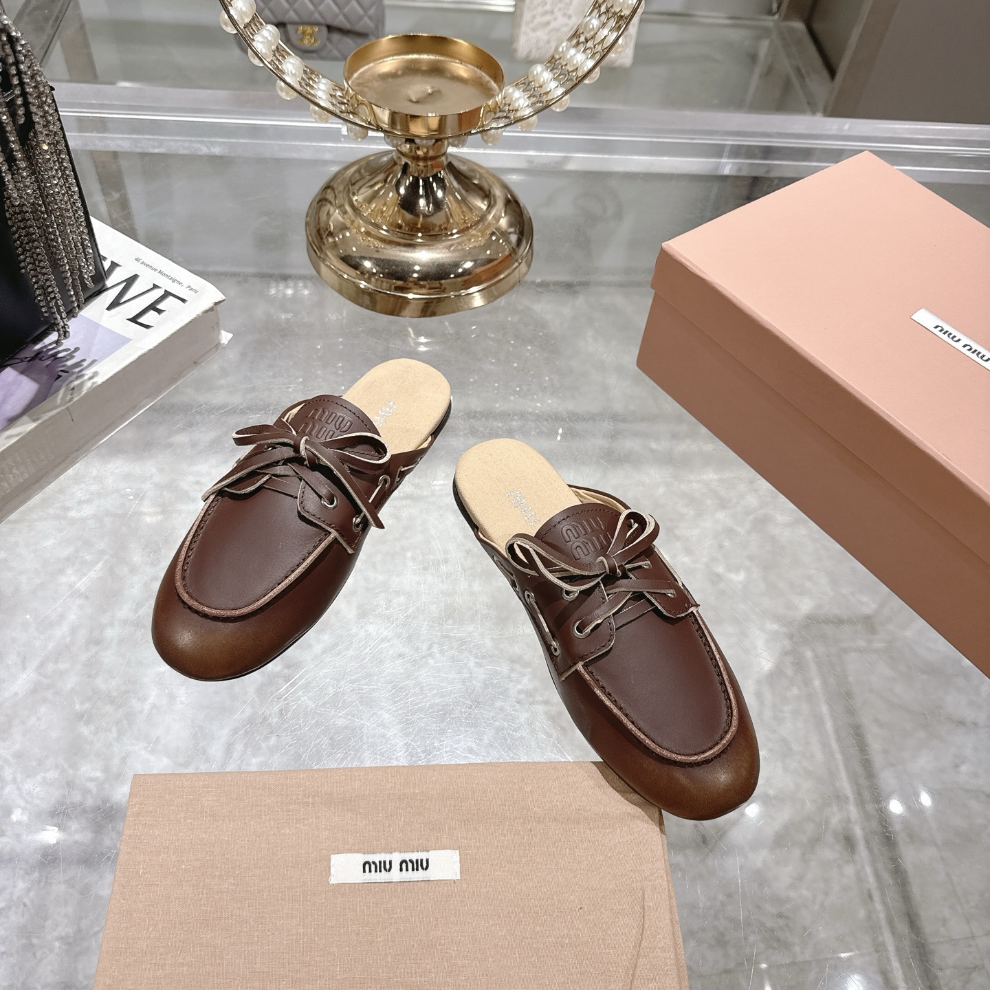 Miu Miu Leather Flat Mules Eyelet Lace-Up Pointed Women's Shoes