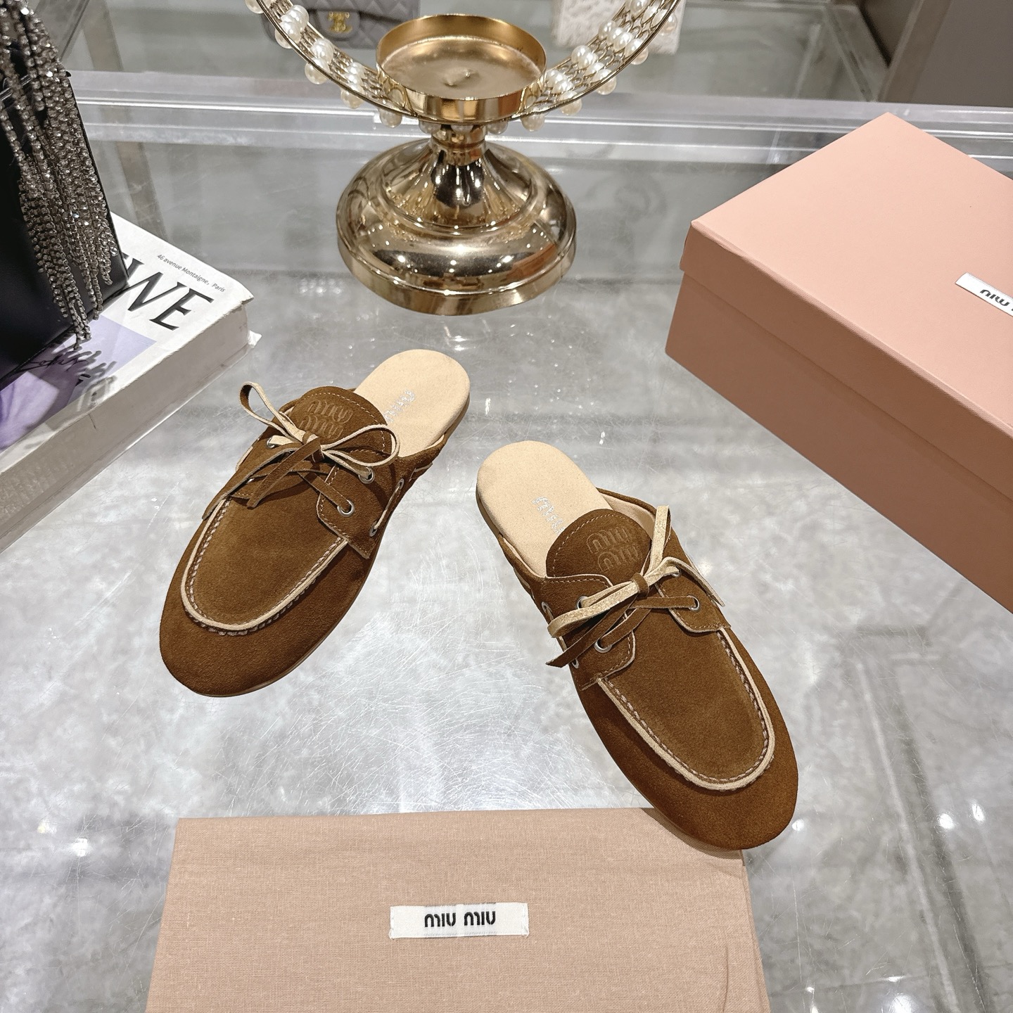 Miu Miu 2024 Retro Suede Mules with Lace-Up Detail in Brown