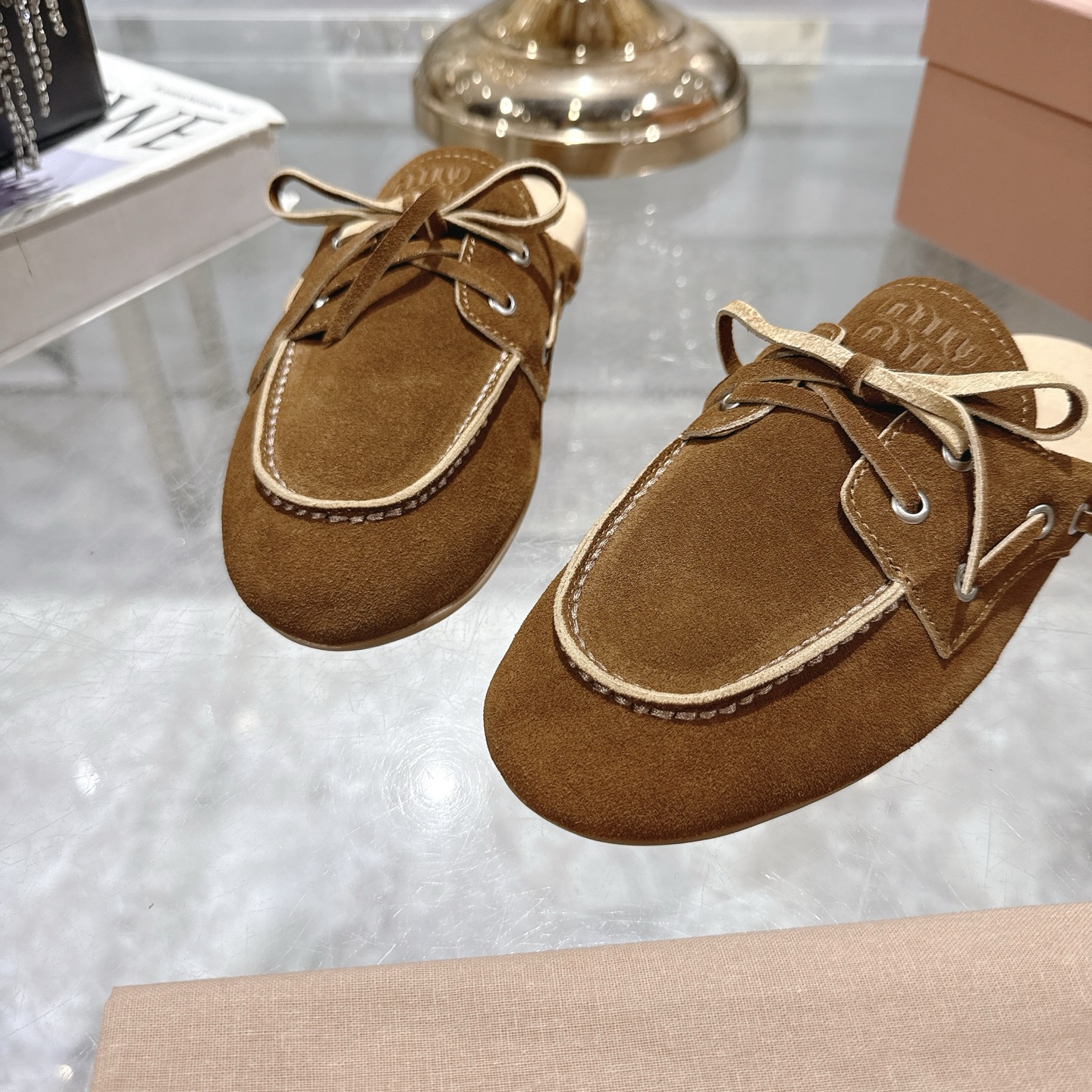 Miu Miu Suede Lace-Up Flat Mules, Elegant and Comfortable Shoes for Women 9 i1746692083521 8620 0 7