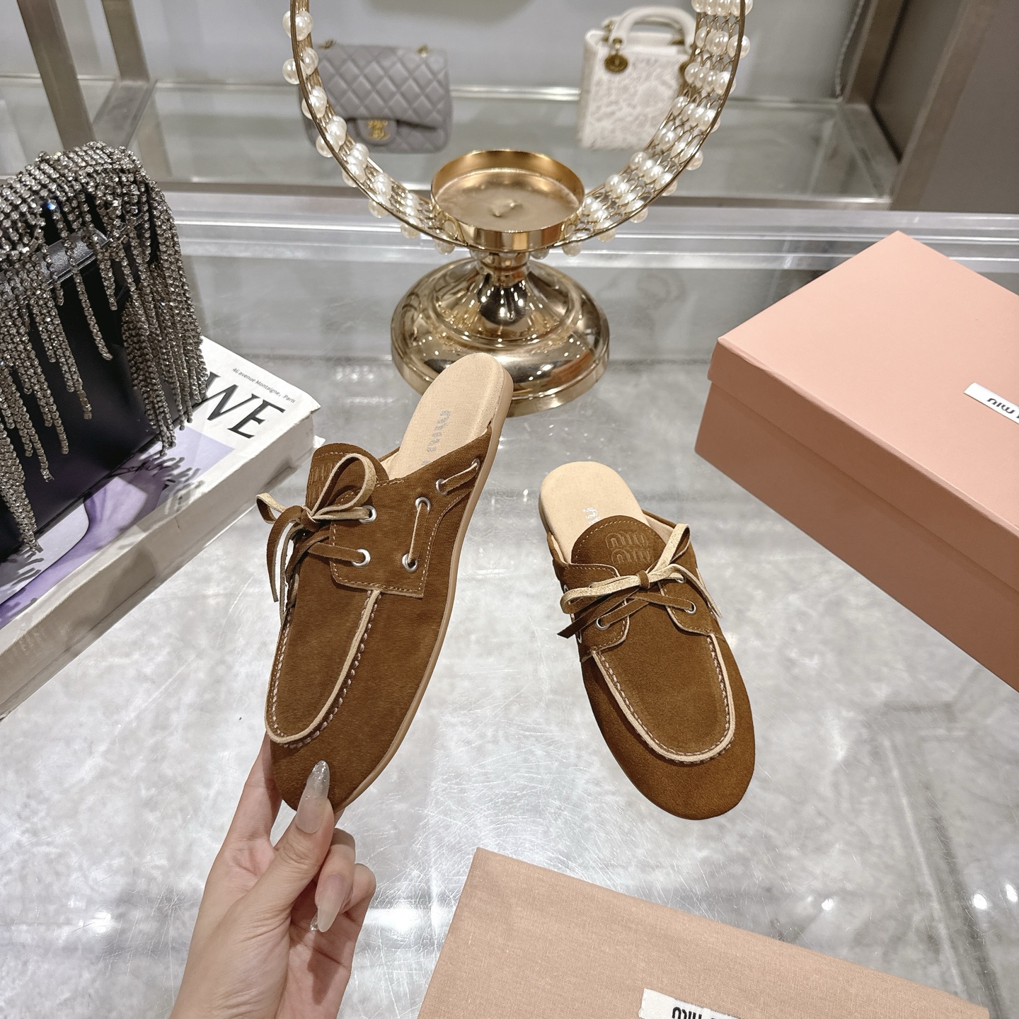 Miu Miu Suede Lace-Up Flat Mules, Elegant and Comfortable Shoes for Women 5 i1746692085607 7794 0 3