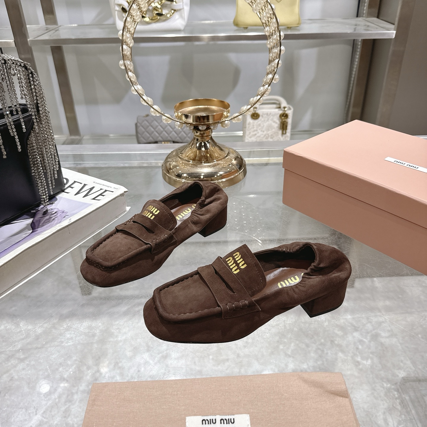 Miu Miu 25SS Loafers Suede Mary Jane Ballet Block Heel Shoes