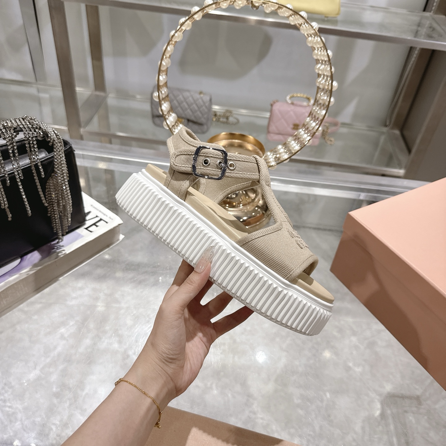 Miu Miu Espadrille Flatform Sandals Canvas Logo Beige Women's Size 8 US 6 i1746693038498 2669 0 4