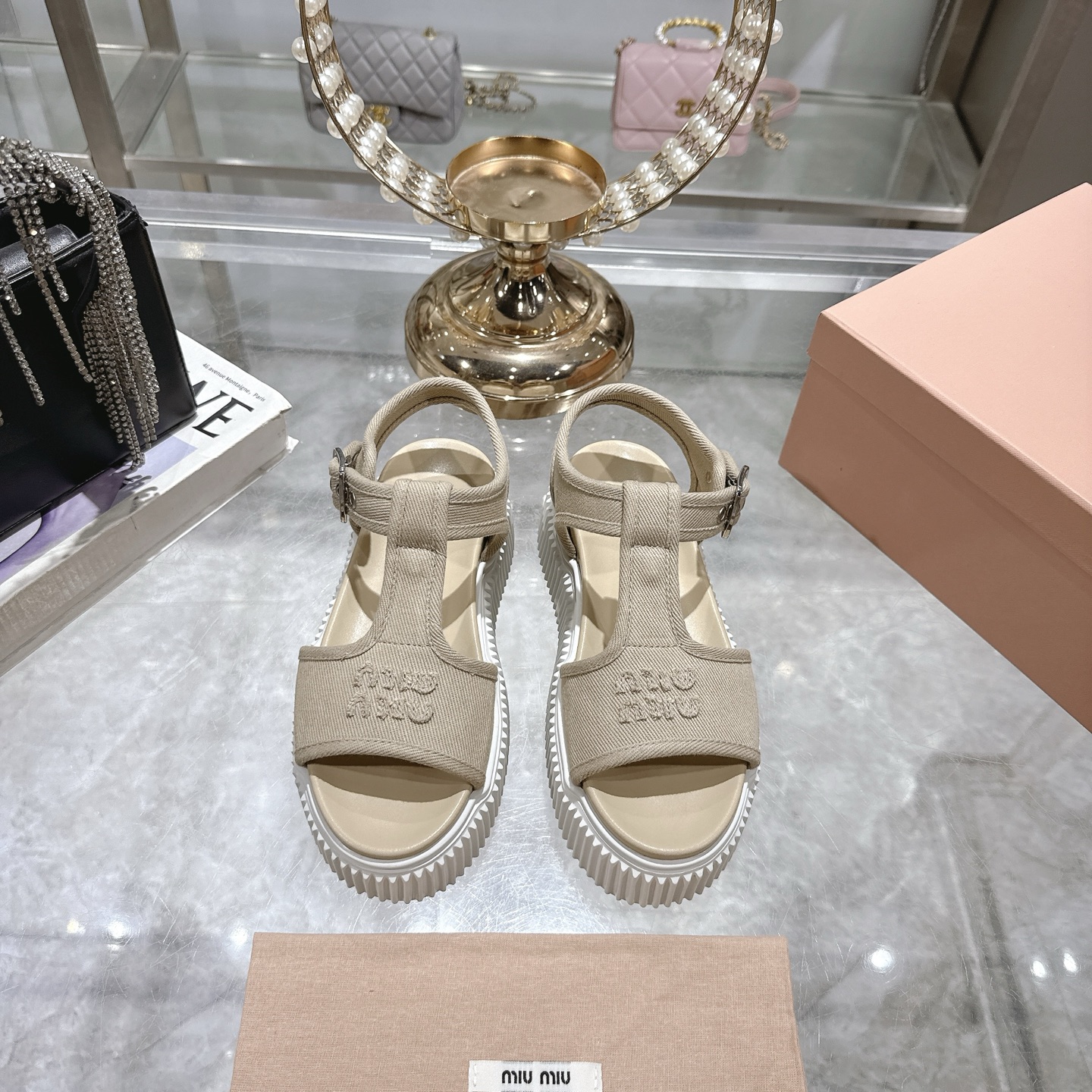 Miu Miu Espadrille Flatform Sandals Canvas Logo Beige Women's Size 8 US 3 i1746693038736 8813 0 0