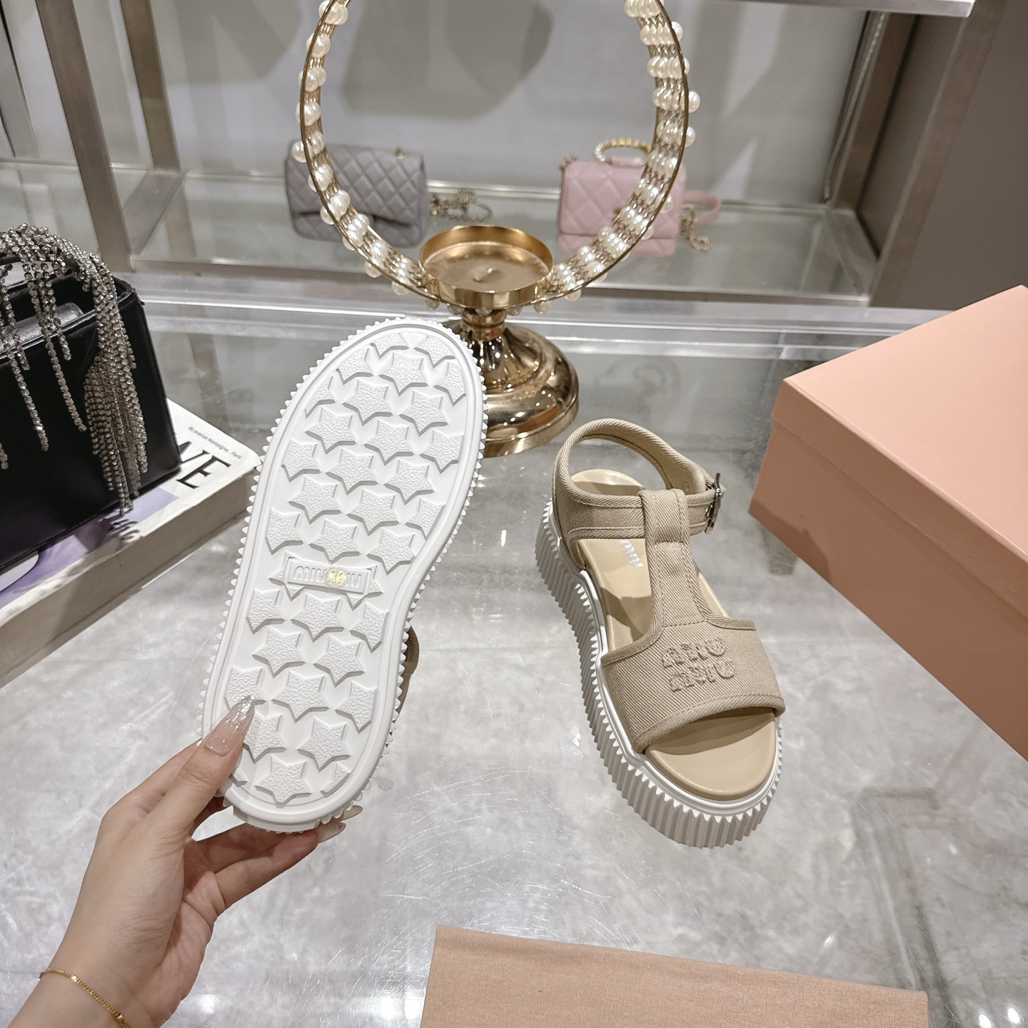 Miu Miu Espadrille Flatform Sandals Canvas Logo Beige Women's Size 8 US 10 i1746693038761 2528 0 8