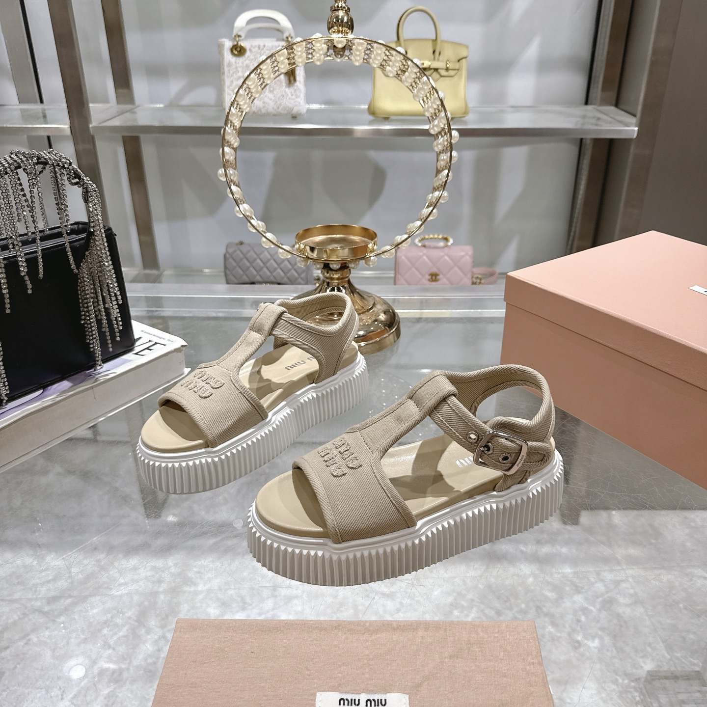 Miu Miu Espadrille Flatform Sandals Canvas Logo Beige Women's Size 8 US 2 i1746693038768 3085 0 2