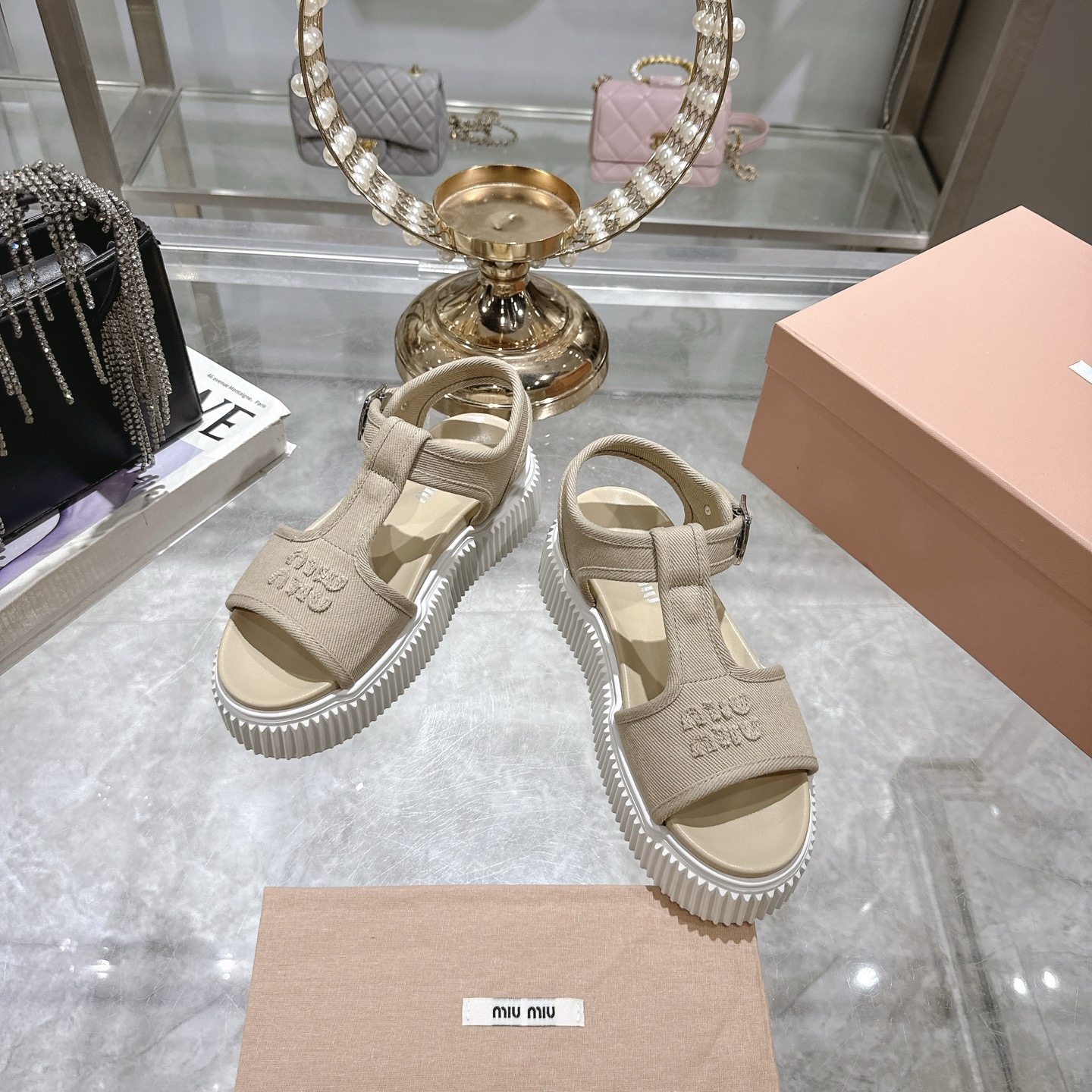 Miu Miu Espadrille Flatform Sandals Canvas Logo Beige Women's Size 8 US 4 i1746693041517 7110 0 1