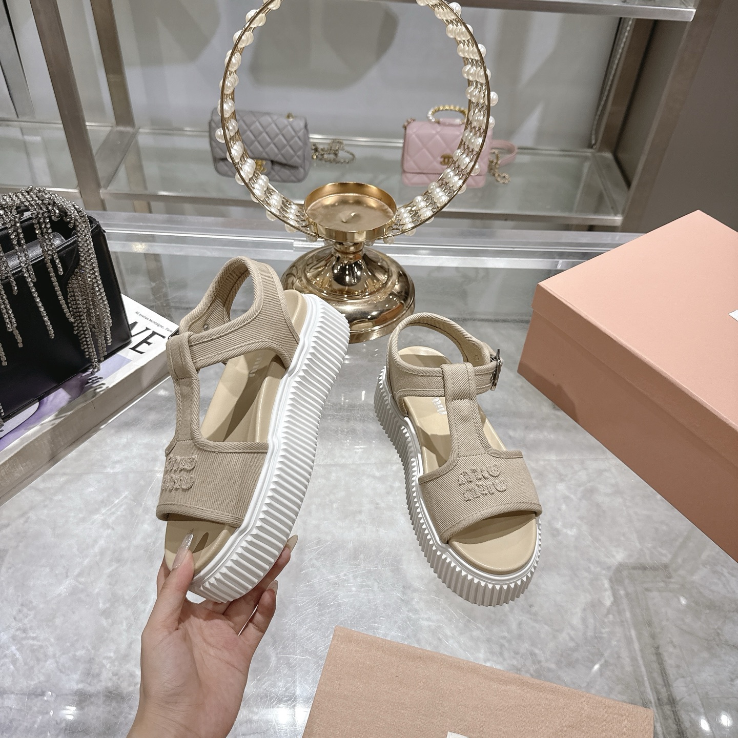Miu Miu Espadrille Flatform Sandals Canvas Logo Beige Women's Size 8 US 5 i1746693041562 1574 0 3