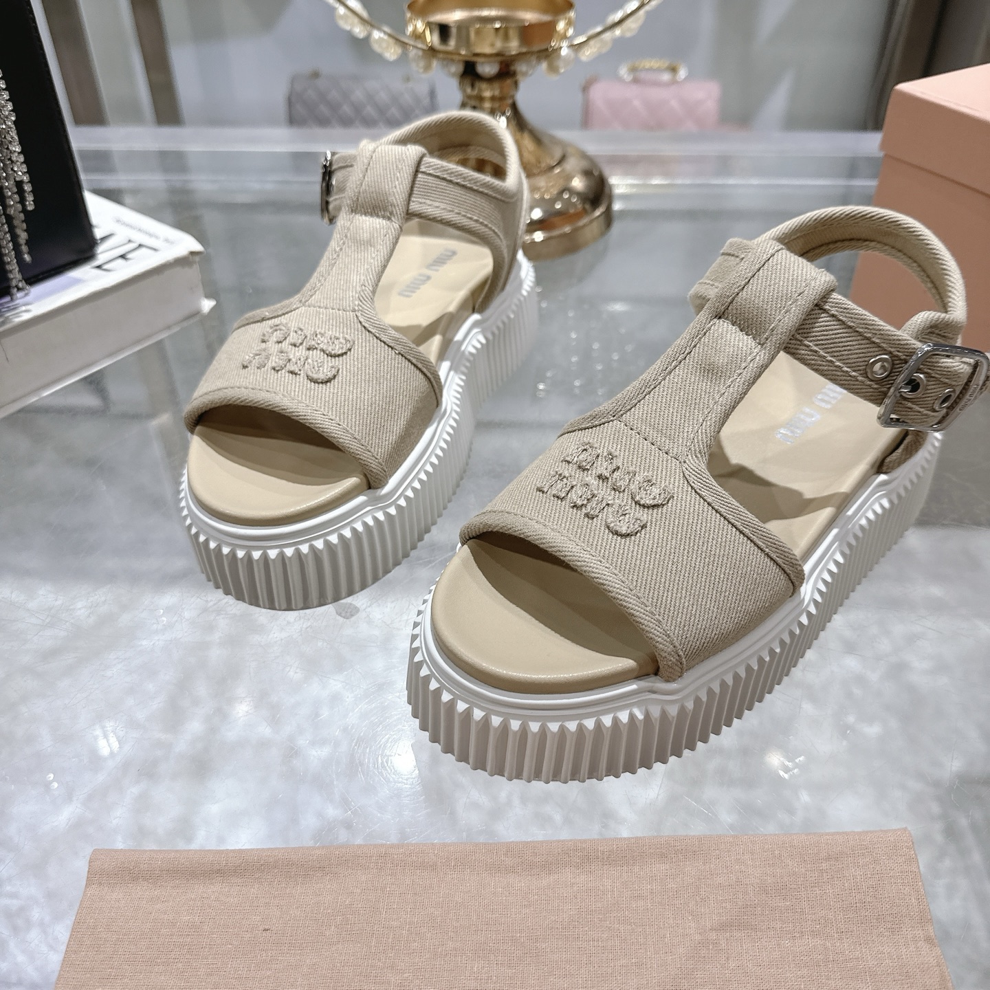 Miu Miu Espadrille Flatform Sandals Canvas Logo Beige Women's Size 8 US 9 i1746693041569 6328 0 7